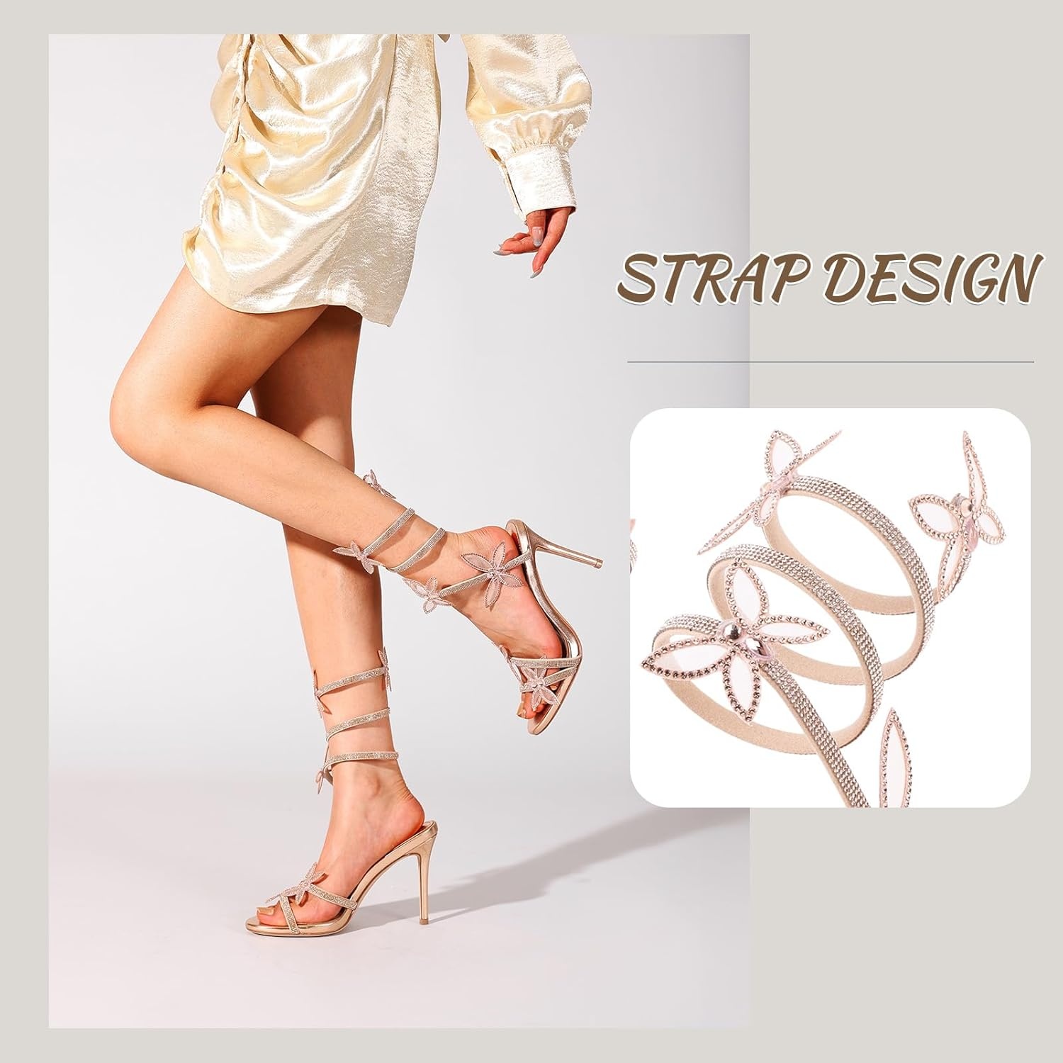 image:imageLingxiaUne Butterfly Wrap Around Stiletto Heels Diamante Rhinestone Embellished Sexy Heels for WomenGold