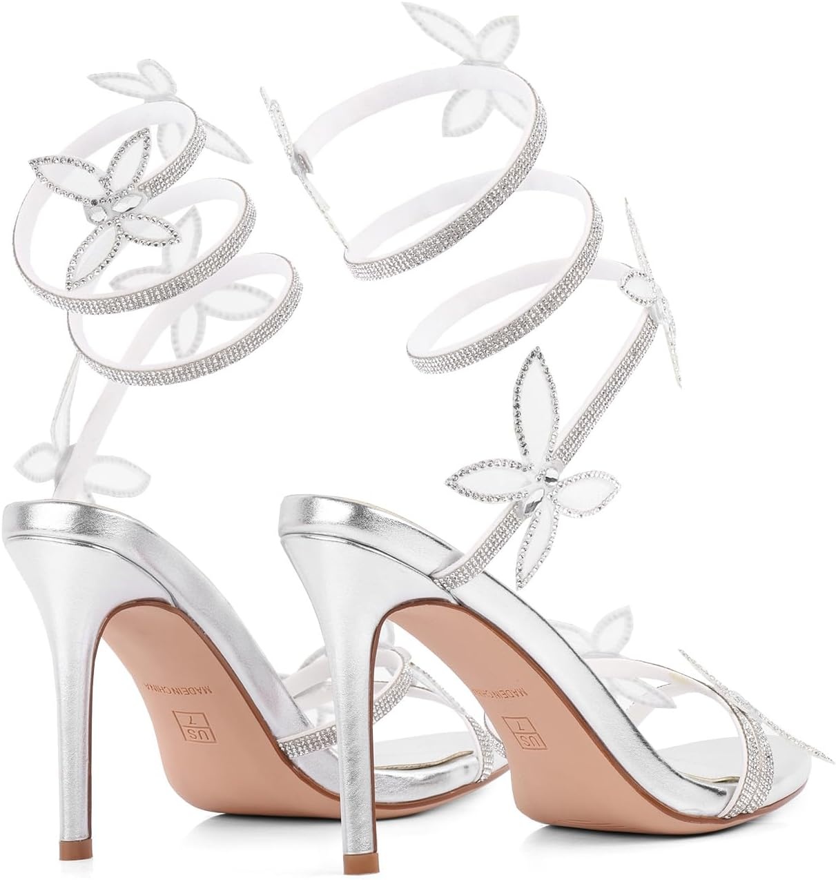 image:imageLingxiaUne Butterfly Wrap Around Stiletto Heels Diamante Rhinestone Embellished Sexy Heels for WomenSilver