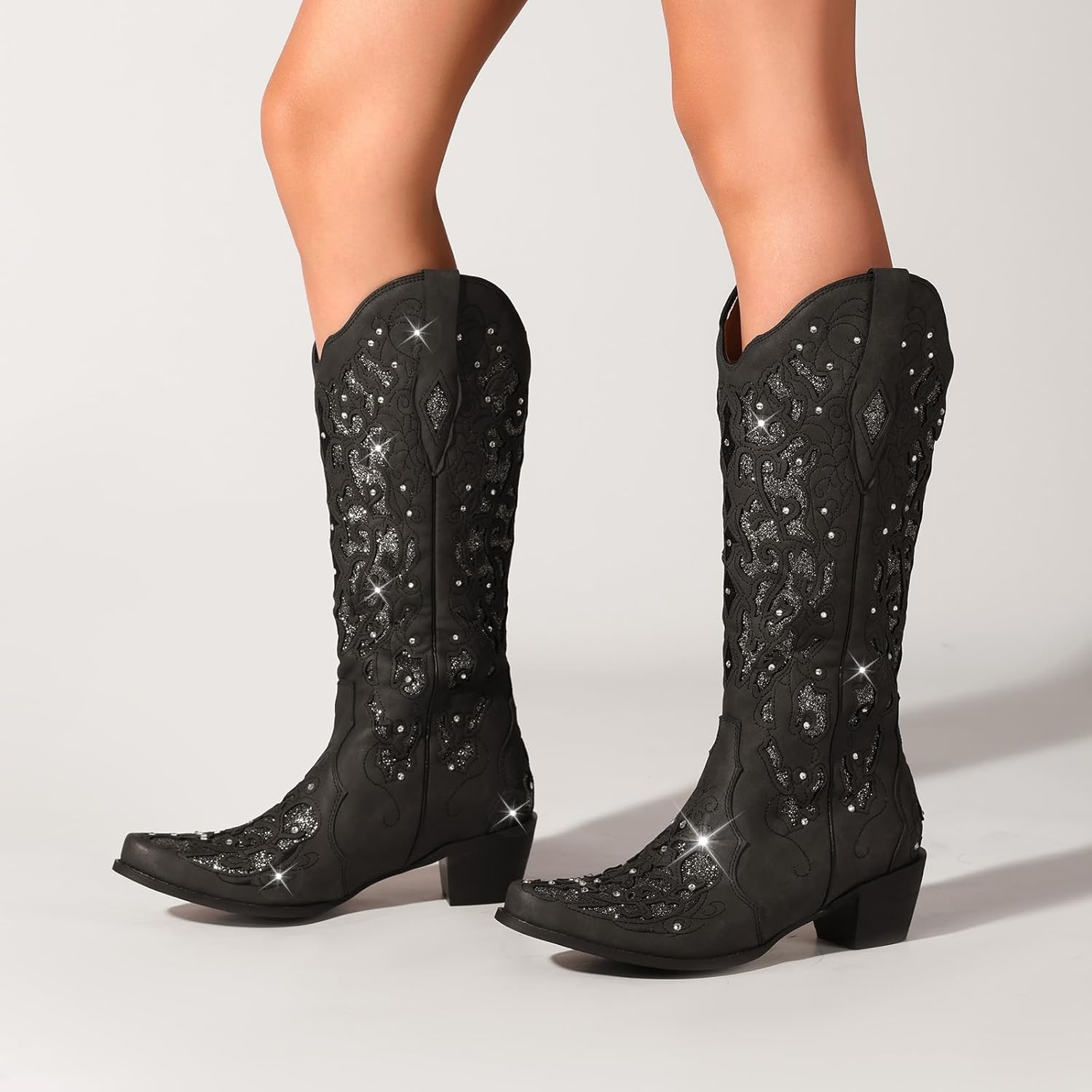 image:imageLingxiaUne Cowboy Boots for Women Mid Calf Cowgirl Boot Rhinestone Comfortable Chunky Heel Western Boot with Glitter Sparkle Boot for Dressy WomanBlack