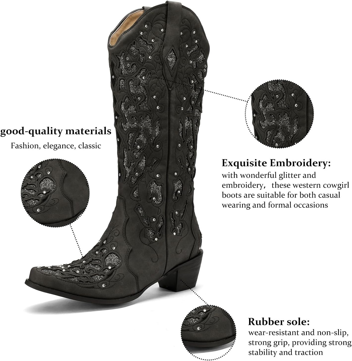 image:imageLingxiaUne Cowboy Boots for Women Mid Calf Cowgirl Boot Rhinestone Comfortable Chunky Heel Western Boot with Glitter Sparkle Boot for Dressy WomanBlack