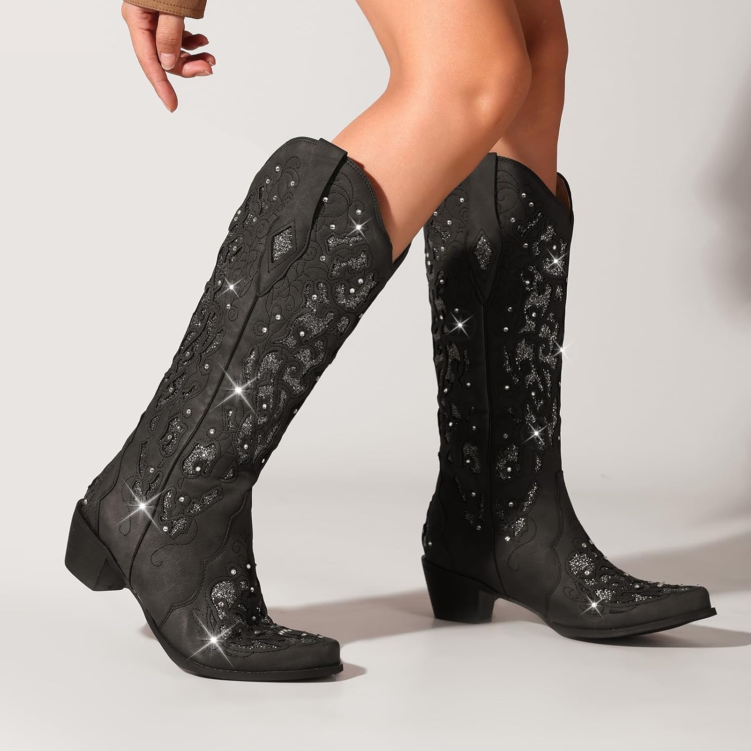 image:imageLingxiaUne Cowboy Boots for Women Mid Calf Cowgirl Boot Rhinestone Comfortable Chunky Heel Western Boot with Glitter Sparkle Boot for Dressy WomanBlack