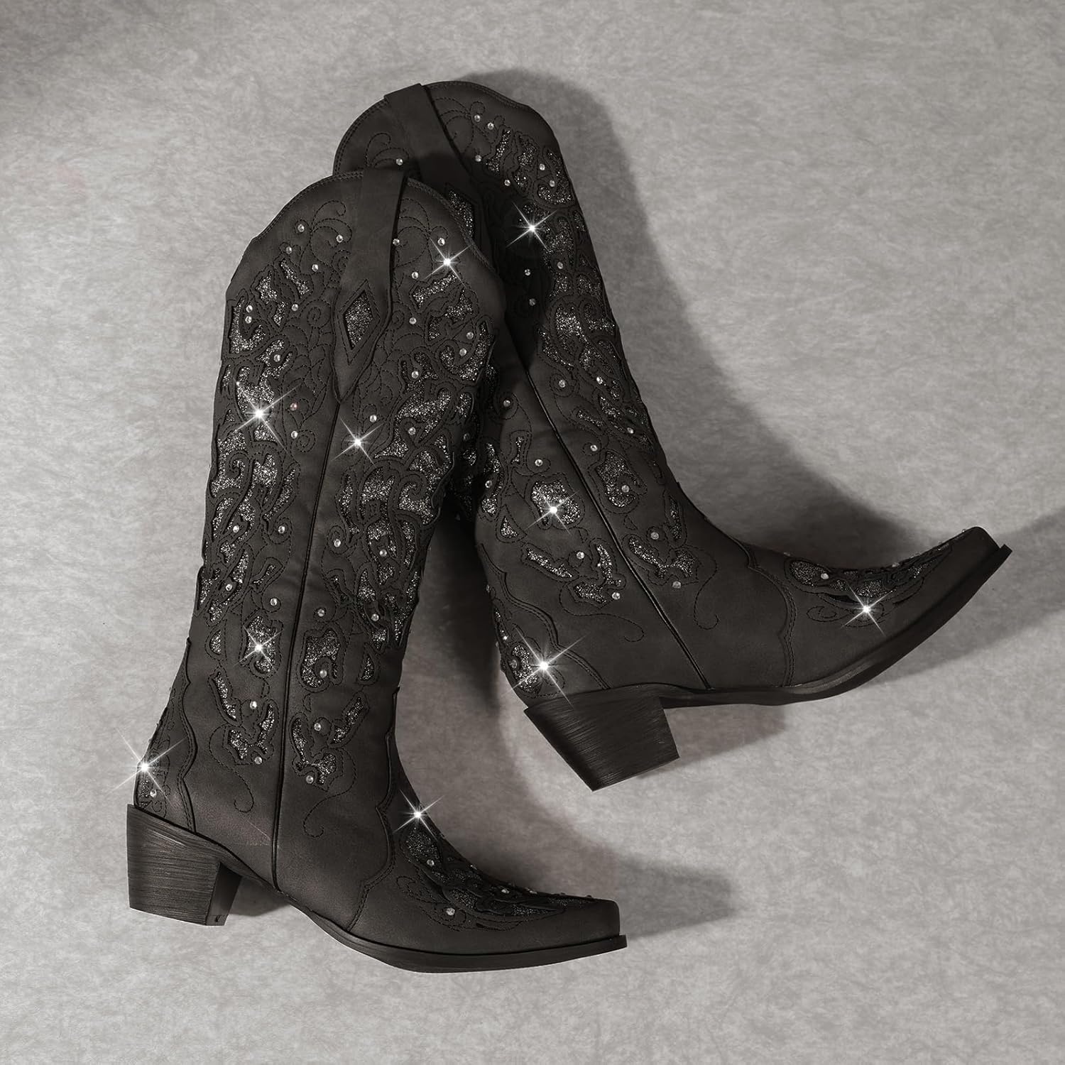 image:imageLingxiaUne Cowboy Boots for Women Mid Calf Cowgirl Boot Rhinestone Comfortable Chunky Heel Western Boot with Glitter Sparkle Boot for Dressy WomanBlack