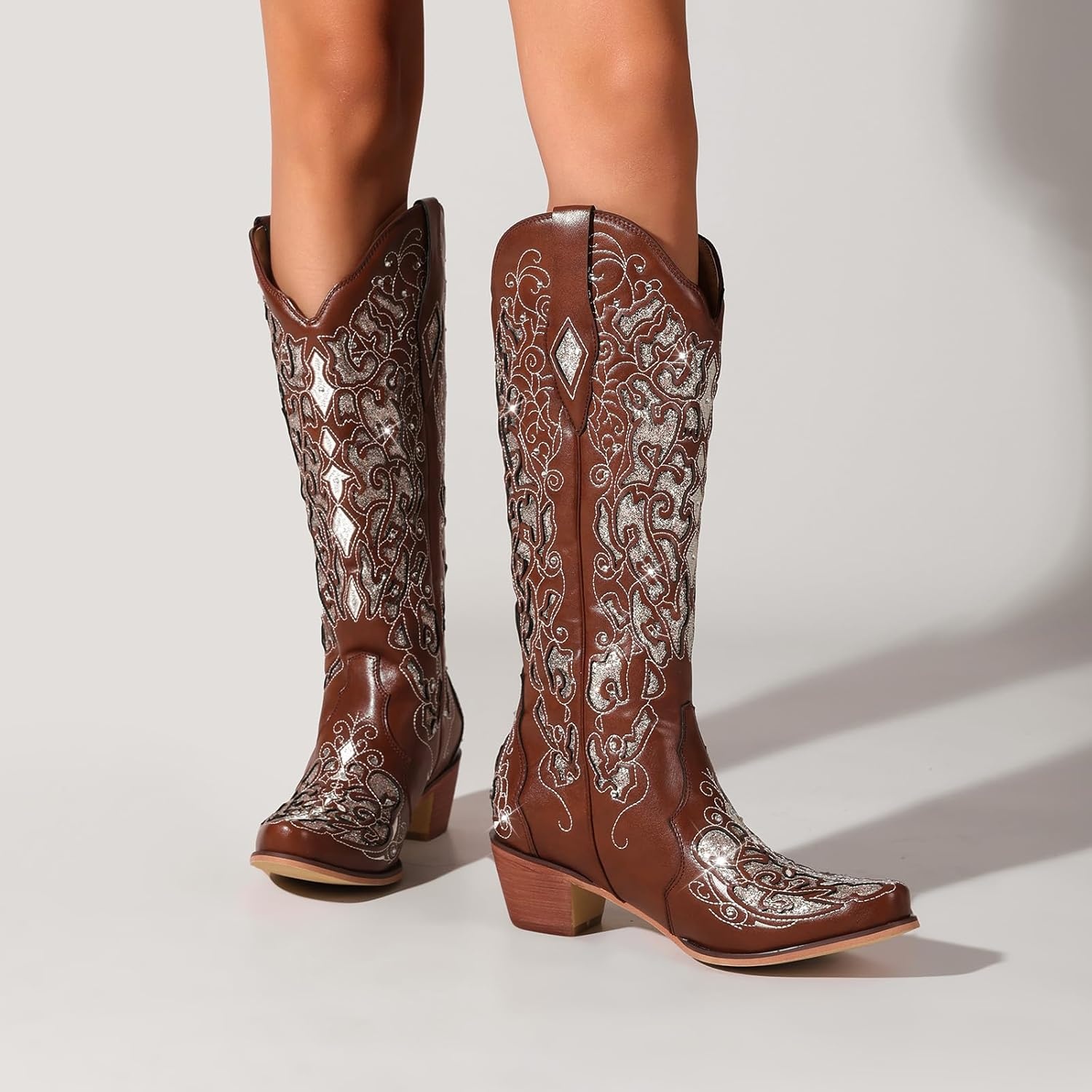 image:imageLingxiaUne Cowboy Boots for Women Mid Calf Cowgirl Boot Rhinestone Comfortable Chunky Heel Western Boot with Glitter Sparkle Boot for Dressy WomanBrown