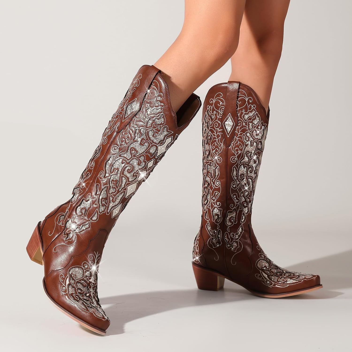 image:imageLingxiaUne Cowboy Boots for Women Mid Calf Cowgirl Boot Rhinestone Comfortable Chunky Heel Western Boot with Glitter Sparkle Boot for Dressy WomanBrown
