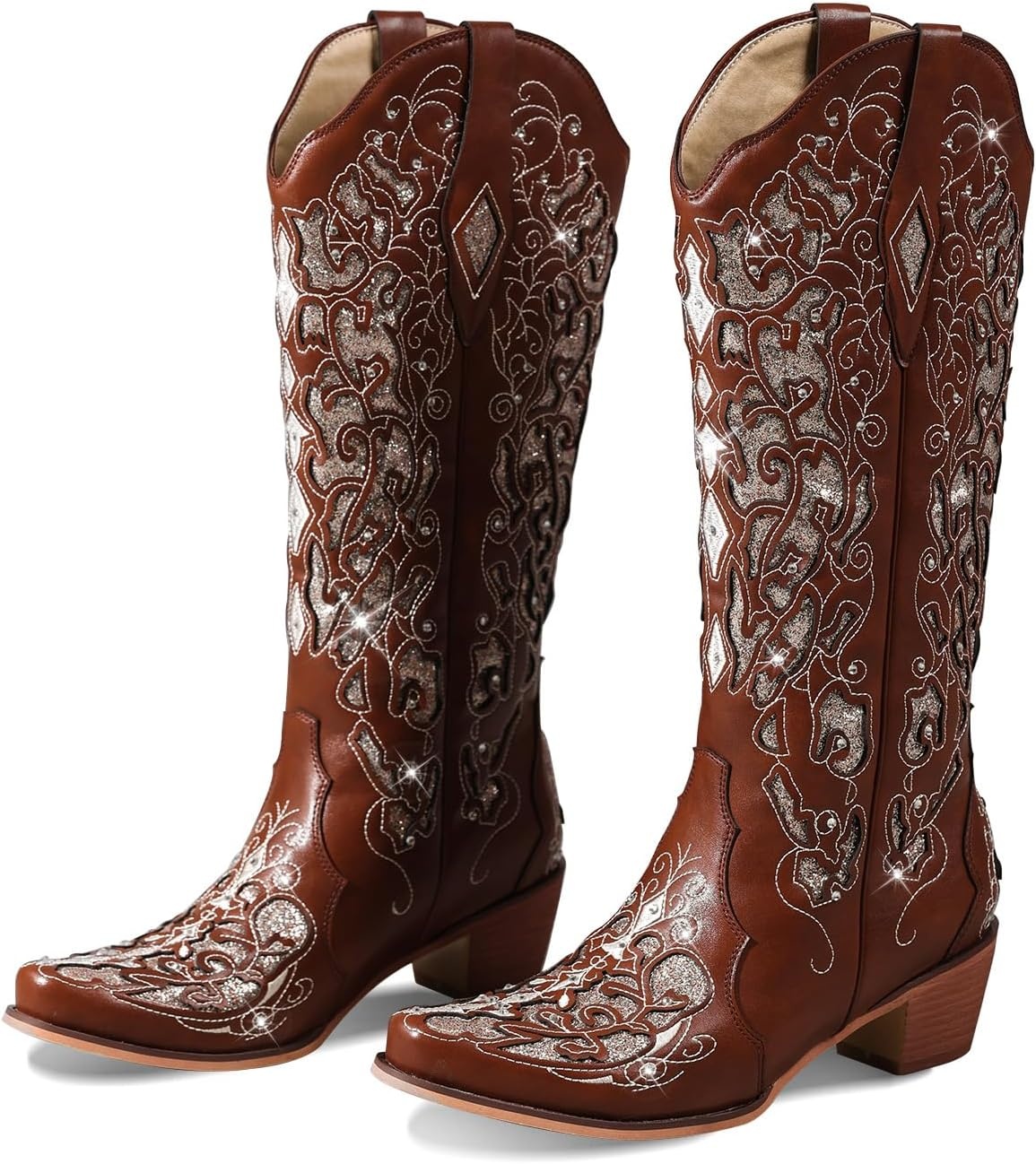 image:imageLingxiaUne Cowboy Boots for Women Mid Calf Cowgirl Boot Rhinestone Comfortable Chunky Heel Western Boot with Glitter Sparkle Boot for Dressy WomanBrown