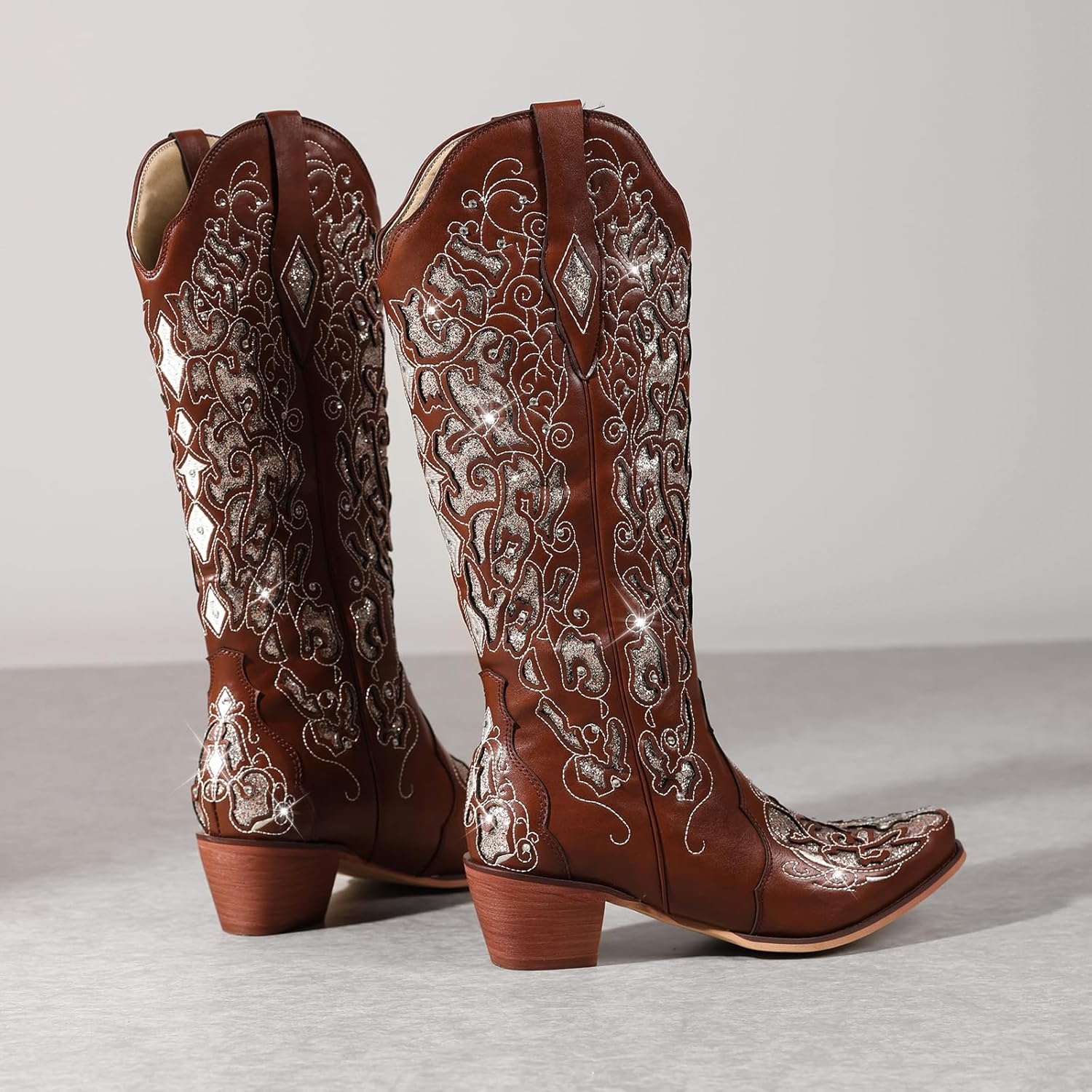 image:imageLingxiaUne Cowboy Boots for Women Mid Calf Cowgirl Boot Rhinestone Comfortable Chunky Heel Western Boot with Glitter Sparkle Boot for Dressy WomanBrown