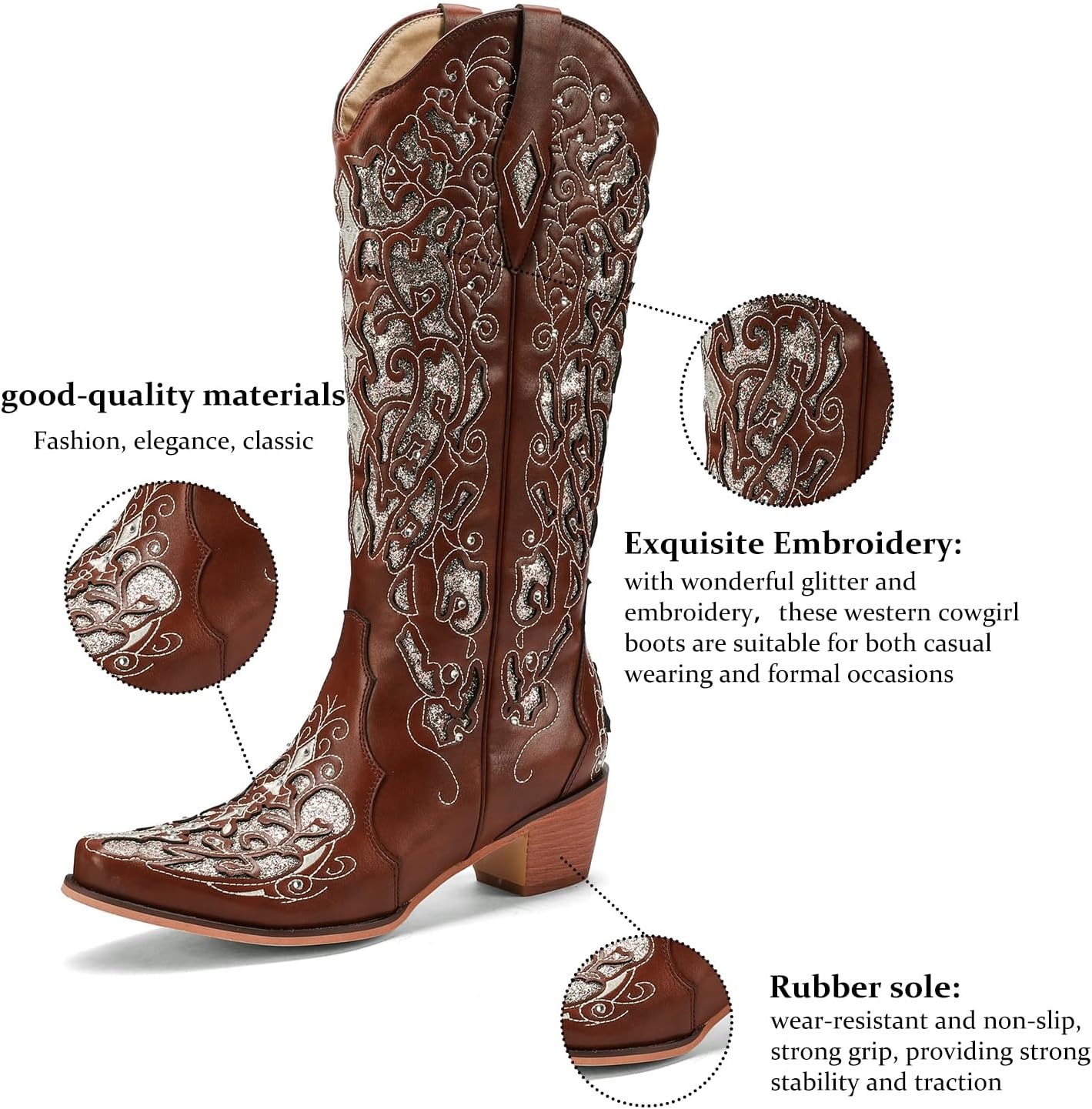 image:imageLingxiaUne Cowboy Boots for Women Mid Calf Cowgirl Boot Rhinestone Comfortable Chunky Heel Western Boot with Glitter Sparkle Boot for Dressy WomanBrown