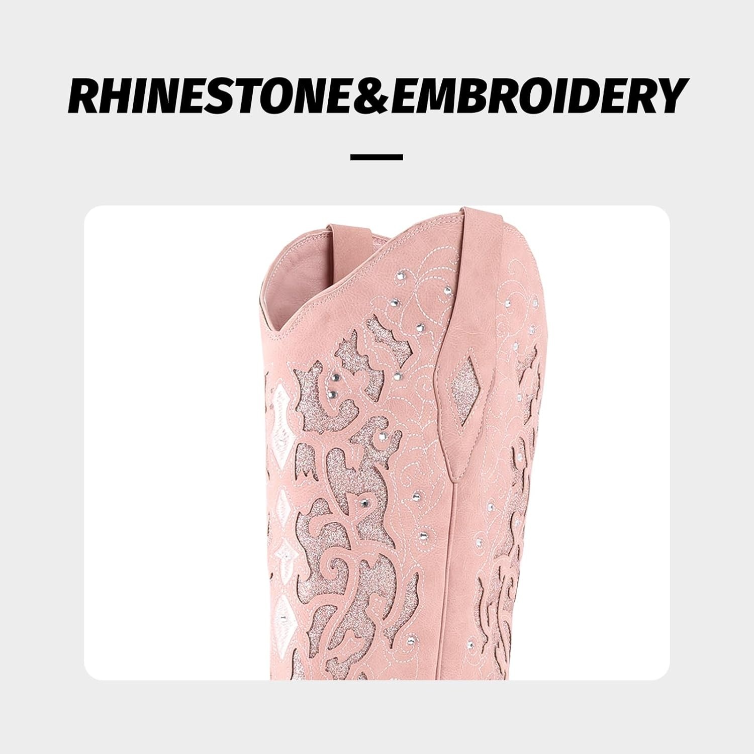 image:imageLingxiaUne Cowboy Boots for Women Mid Calf Cowgirl Boot Rhinestone Comfortable Chunky Heel Western Boot with Glitter Sparkle Boot for Dressy WomanPink