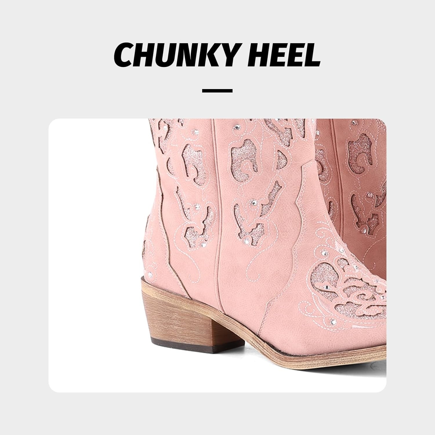 image:imageLingxiaUne Cowboy Boots for Women Mid Calf Cowgirl Boot Rhinestone Comfortable Chunky Heel Western Boot with Glitter Sparkle Boot for Dressy WomanPink