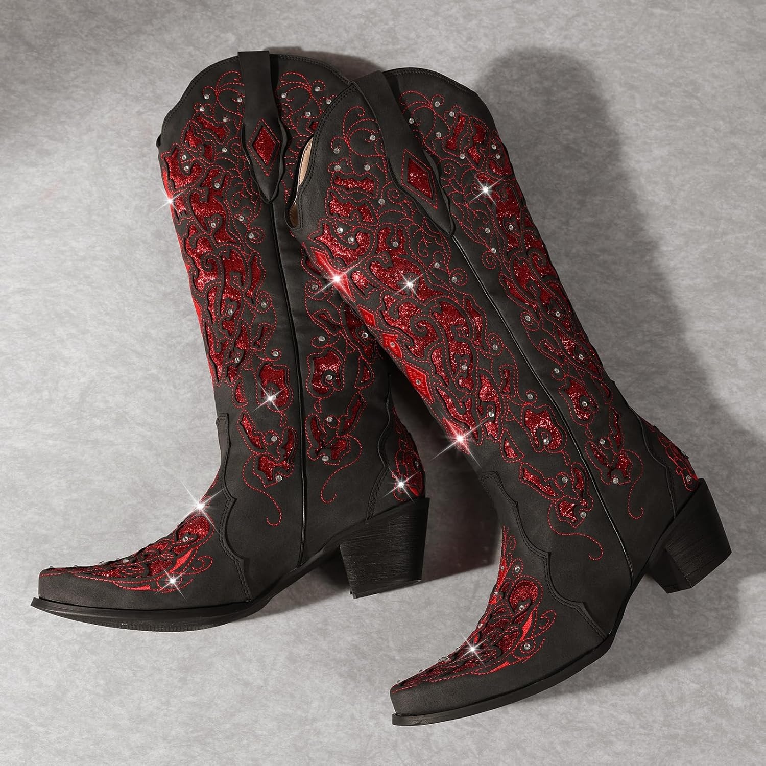 image:imageLingxiaUne Cowboy Boots for Women Mid Calf Cowgirl Boot Rhinestone Comfortable Chunky Heel Western Boot with Glitter Sparkle Boot for Dressy WomanRed