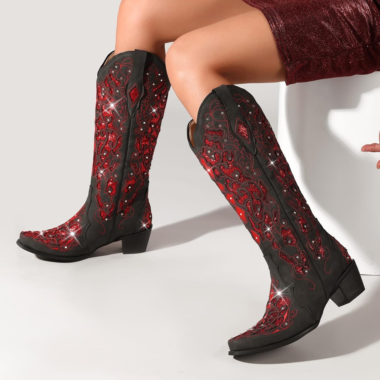 image:imageLingxiaUne Cowboy Boots for Women Mid Calf Cowgirl Boot Rhinestone Comfortable Chunky Heel Western Boot with Glitter Sparkle Boot for Dressy WomanRed