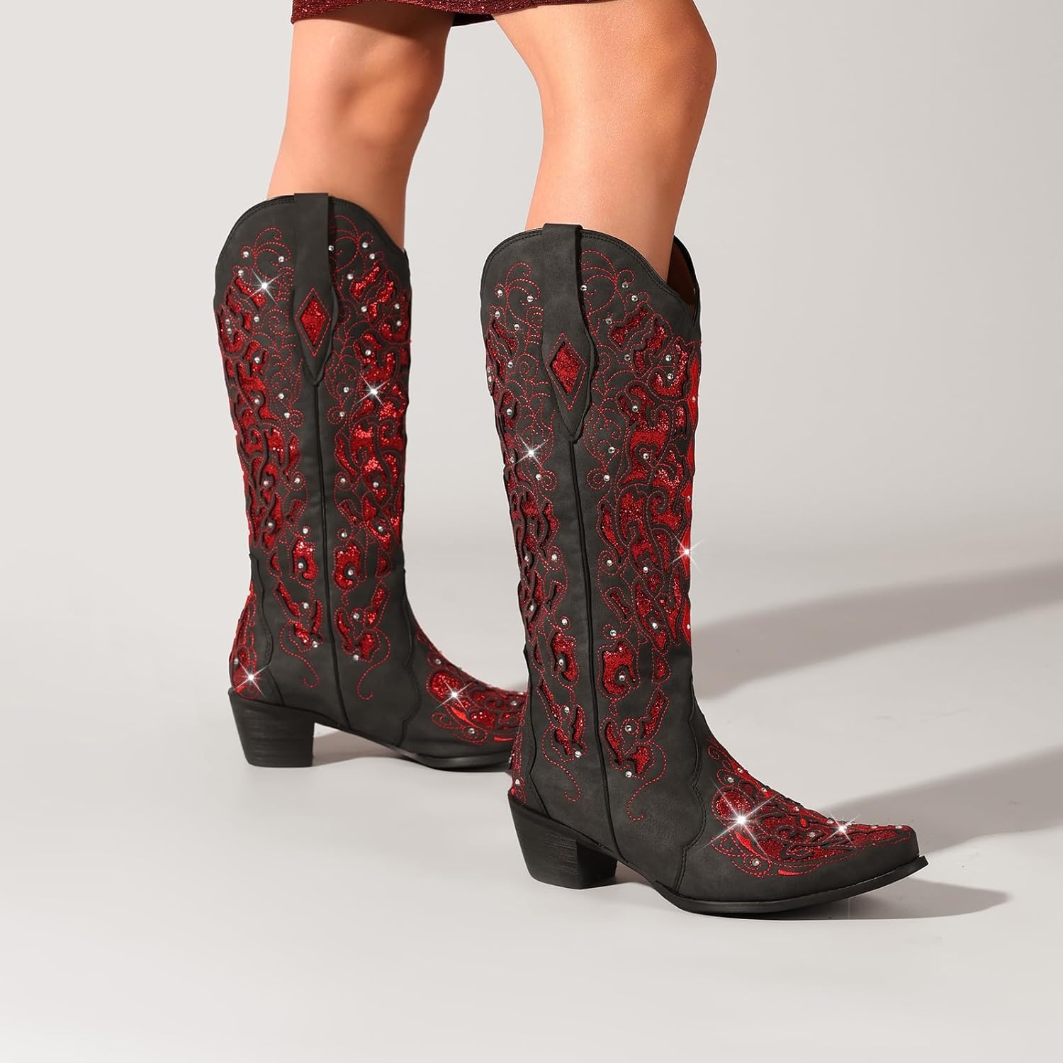 image:imageLingxiaUne Cowboy Boots for Women Mid Calf Cowgirl Boot Rhinestone Comfortable Chunky Heel Western Boot with Glitter Sparkle Boot for Dressy WomanRed