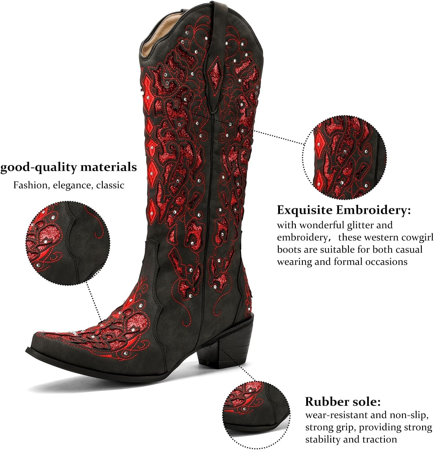 image:imageLingxiaUne Cowboy Boots for Women Mid Calf Cowgirl Boot Rhinestone Comfortable Chunky Heel Western Boot with Glitter Sparkle Boot for Dressy WomanRed