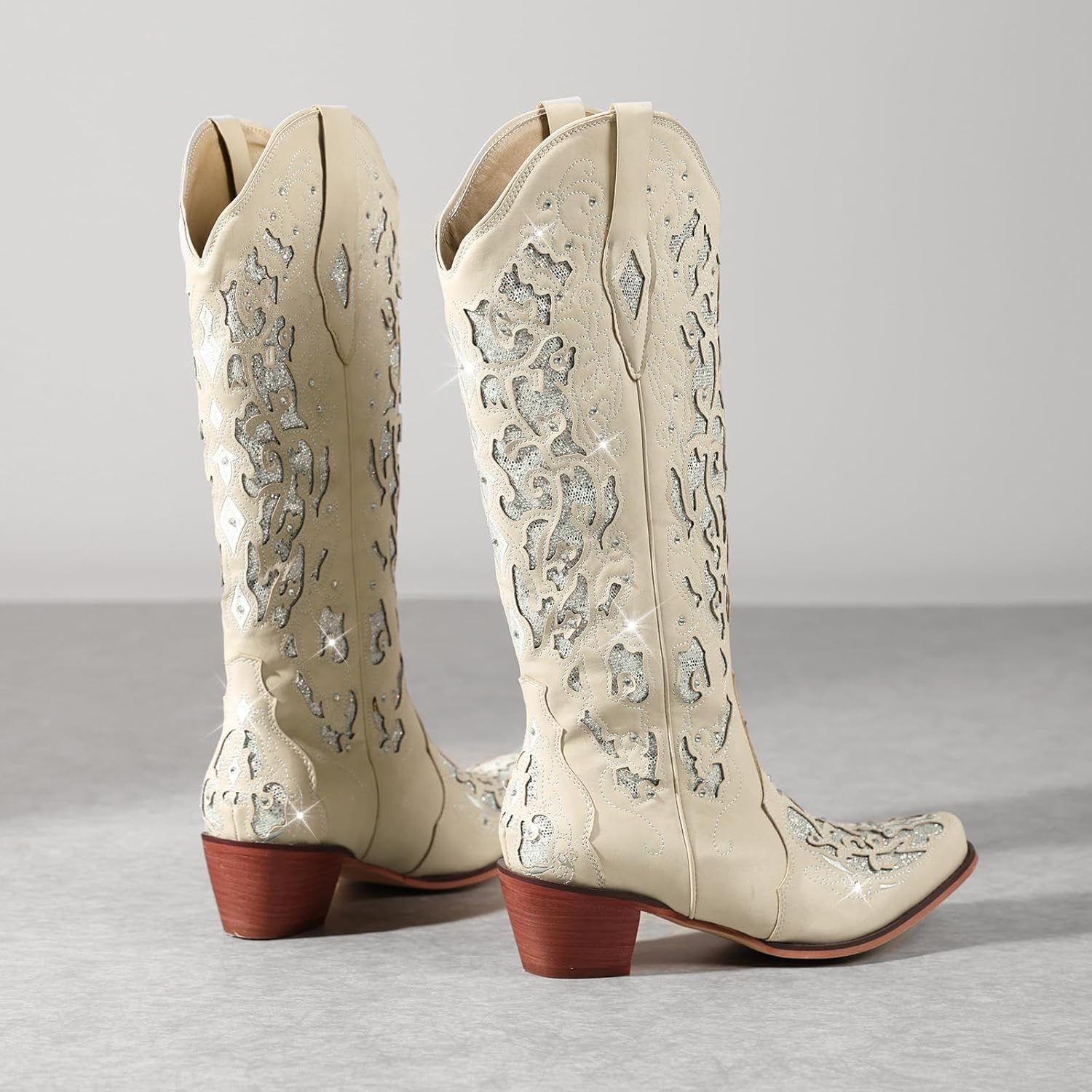 image:imageLingxiaUne Cowboy Boots for Women Mid Calf Cowgirl Boot Rhinestone Comfortable Chunky Heel Western Boot with Glitter Sparkle Boot for Dressy WomanWhite