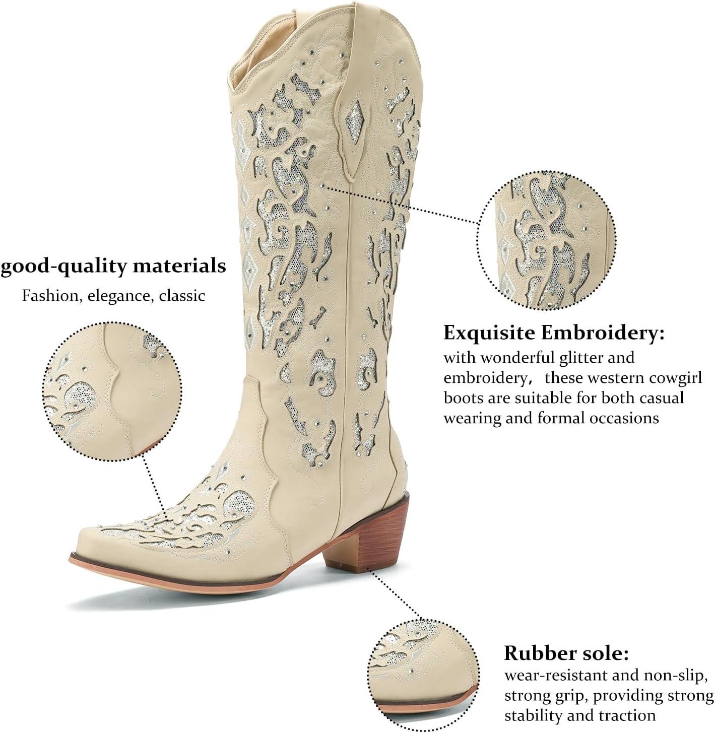 image:imageLingxiaUne Cowboy Boots for Women Mid Calf Cowgirl Boot Rhinestone Comfortable Chunky Heel Western Boot with Glitter Sparkle Boot for Dressy WomanWhite