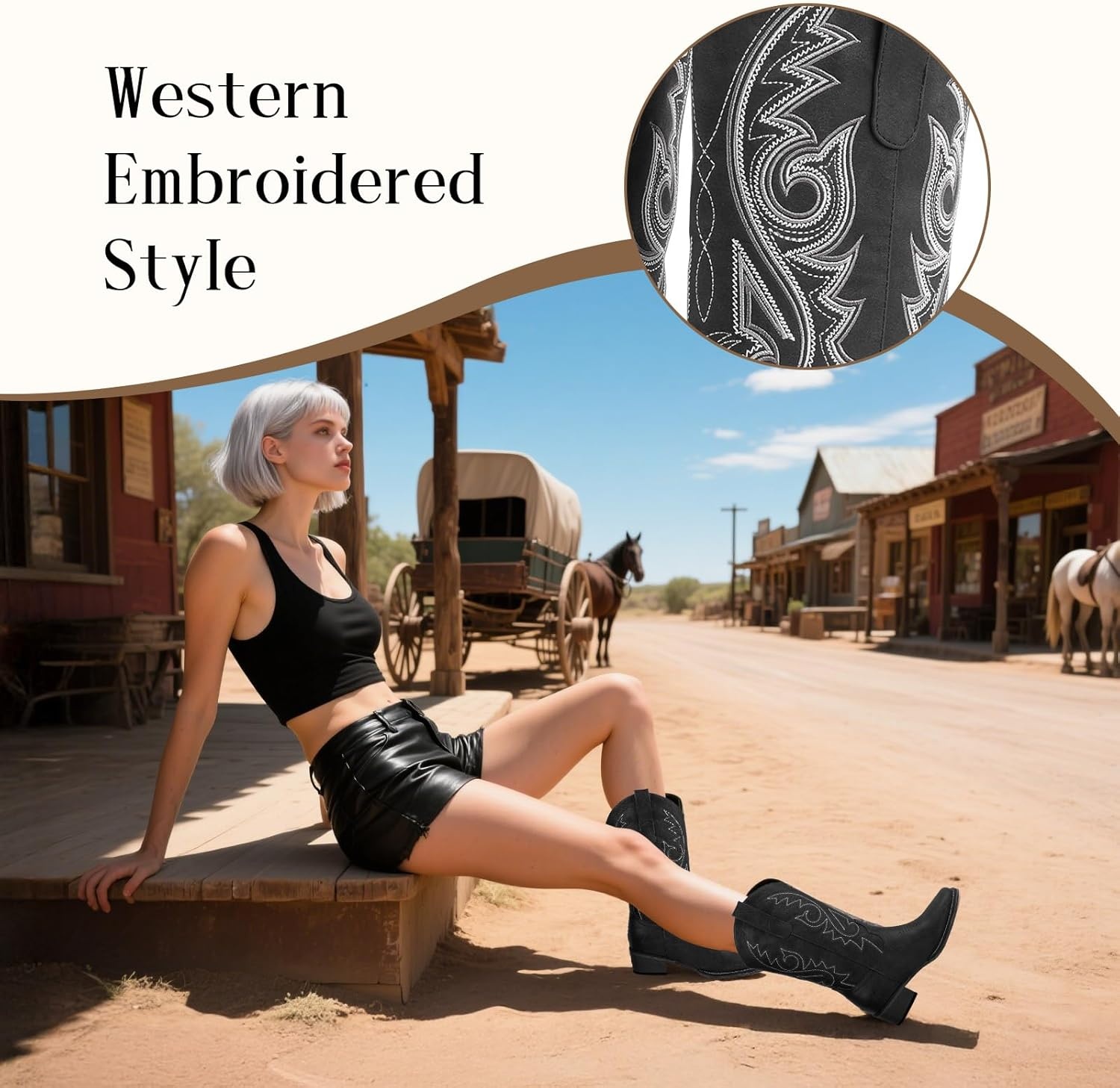 image:imageLingxiaUne Western Cowboy Boots White Cowboy Boots with Bow Mid Calf Cowgirl Boot for Women Comfortable Chunky Heel Ideal for Country Night PartyBlack With White Embroidery