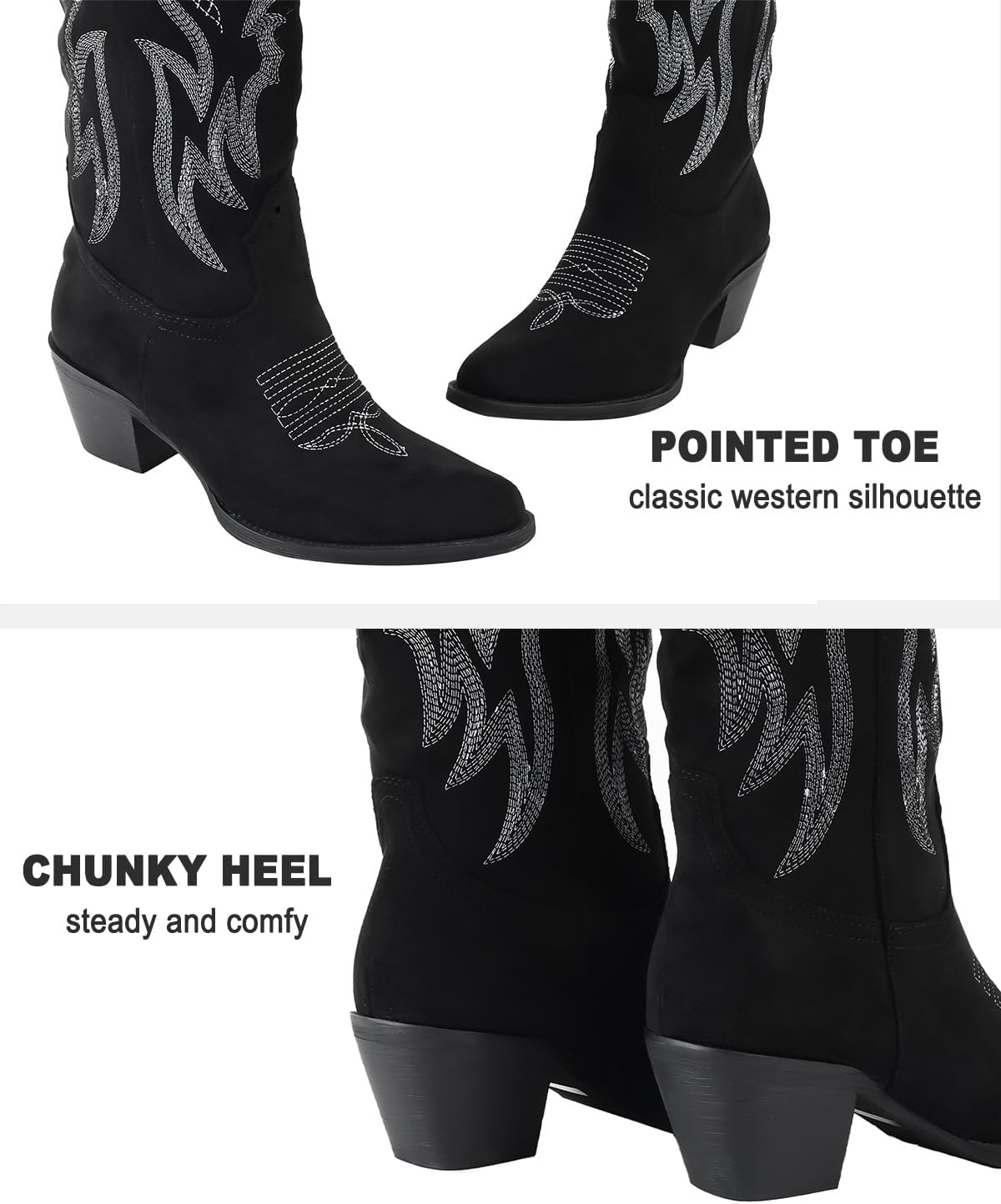 image:imageLingxiaUne Western Cowboy Boots White Cowboy Boots with Bow Mid Calf Cowgirl Boot for Women Comfortable Chunky Heel Ideal for Country Night PartyBlack Suede