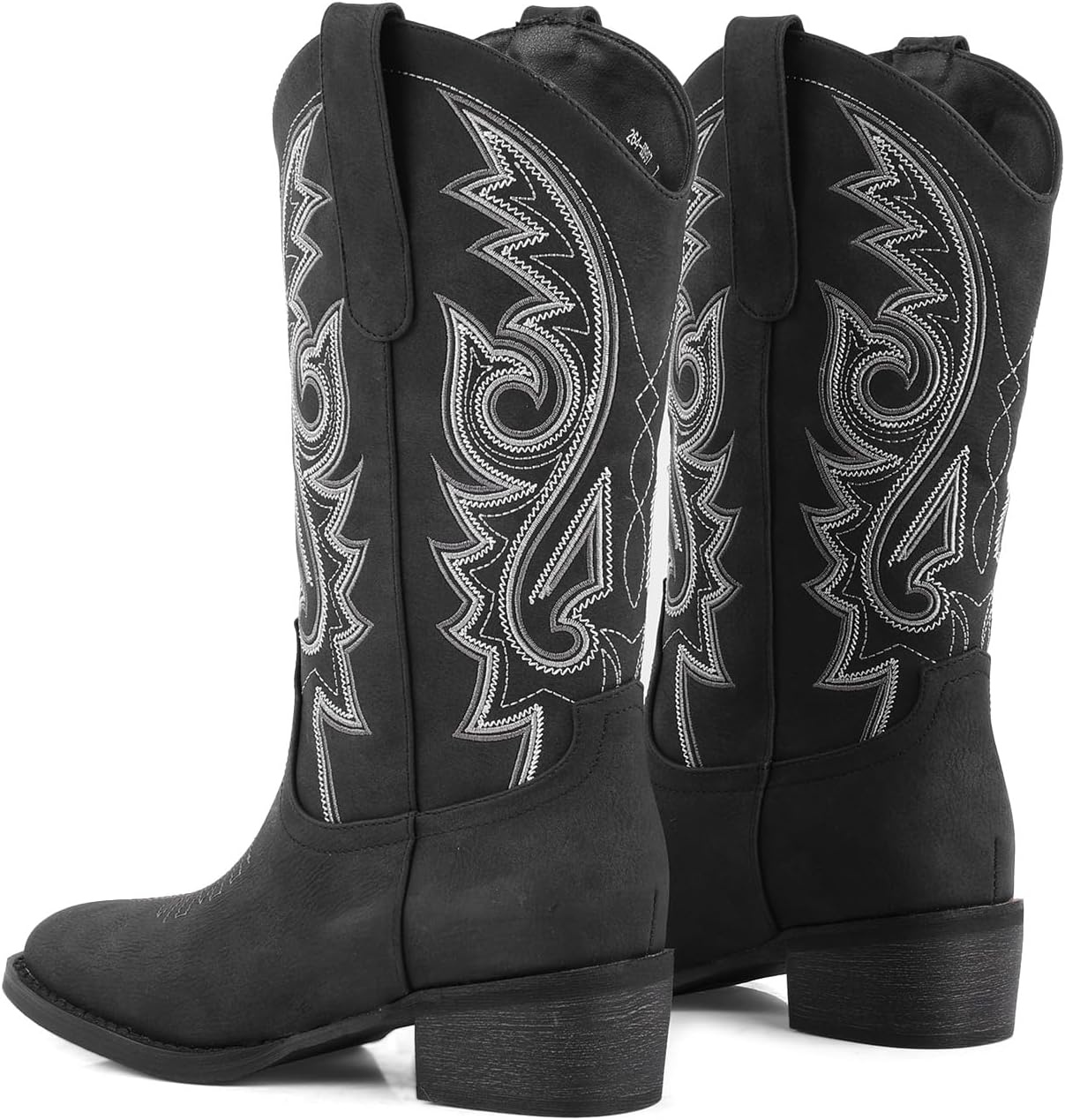 image:imageLingxiaUne Western Cowboy Boots White Cowboy Boots with Bow Mid Calf Cowgirl Boot for Women Comfortable Chunky Heel Ideal for Country Night PartyBlack With White Embroidery
