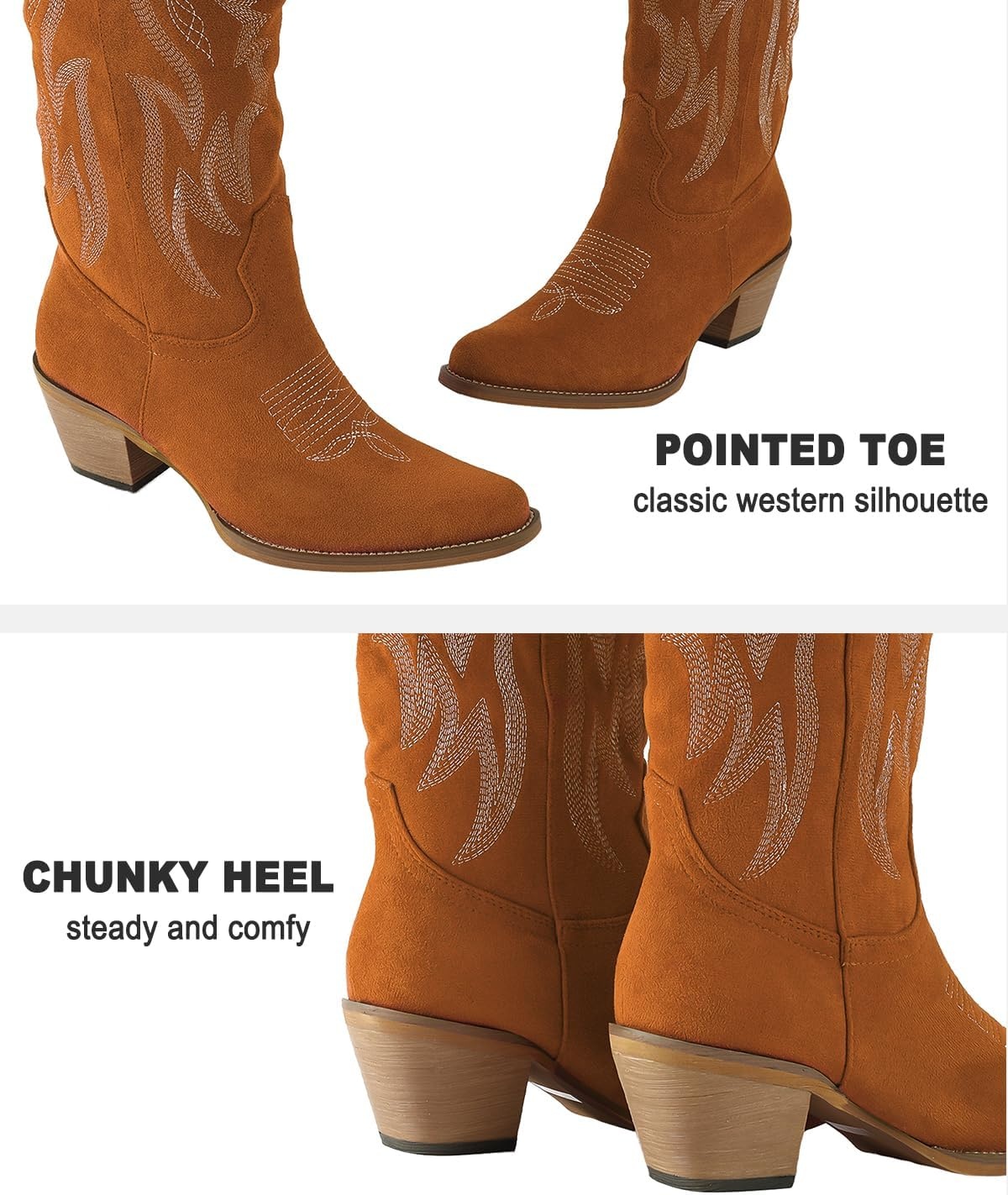 image:imageLingxiaUne Western Cowboy Boots White Cowboy Boots with Bow Mid Calf Cowgirl Boot for Women Comfortable Chunky Heel Ideal for Country Night PartyBrown Suede