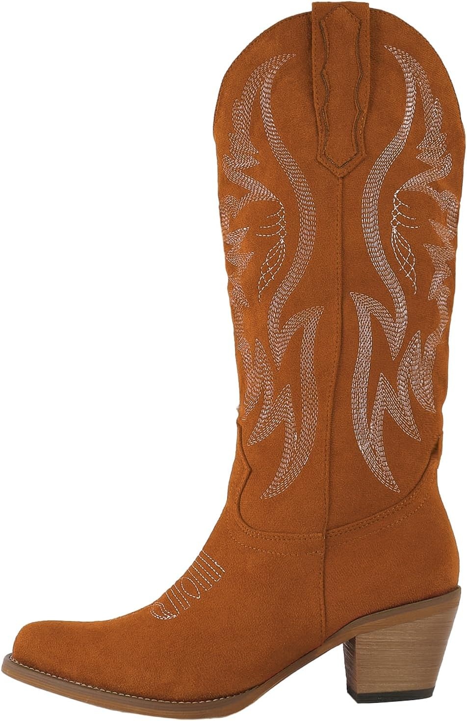 image:imageLingxiaUne Western Cowboy Boots White Cowboy Boots with Bow Mid Calf Cowgirl Boot for Women Comfortable Chunky Heel Ideal for Country Night PartyBrown Suede
