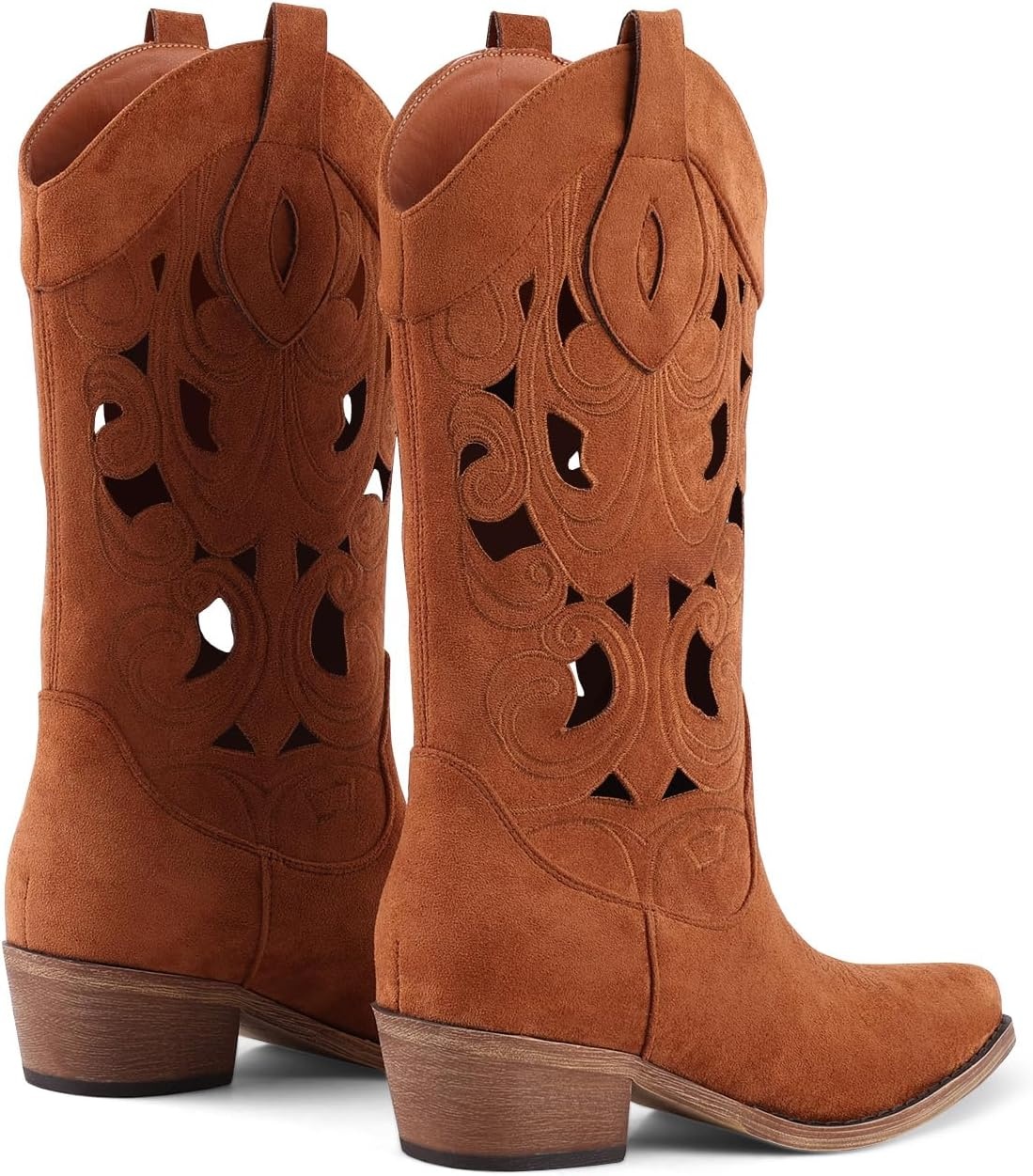 image:imageLingxiaUne Western Cowboy Boots White Cowboy Boots with Bow Mid Calf Cowgirl Boot for Women Comfortable Chunky Heel Ideal for Country Night PartyBrown Hollowout