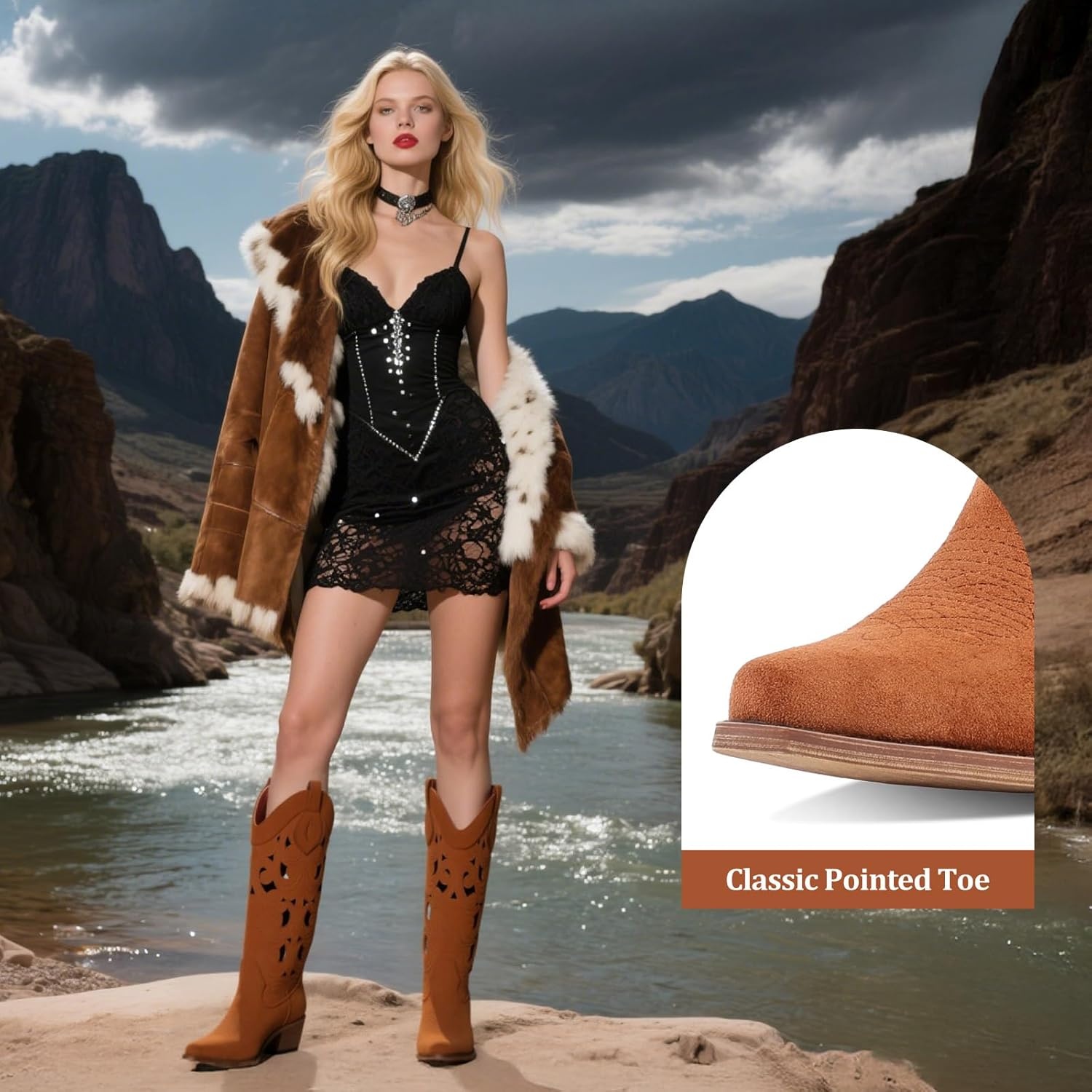 image:imageLingxiaUne Western Cowboy Boots White Cowboy Boots with Bow Mid Calf Cowgirl Boot for Women Comfortable Chunky Heel Ideal for Country Night PartyBrown Hollowout