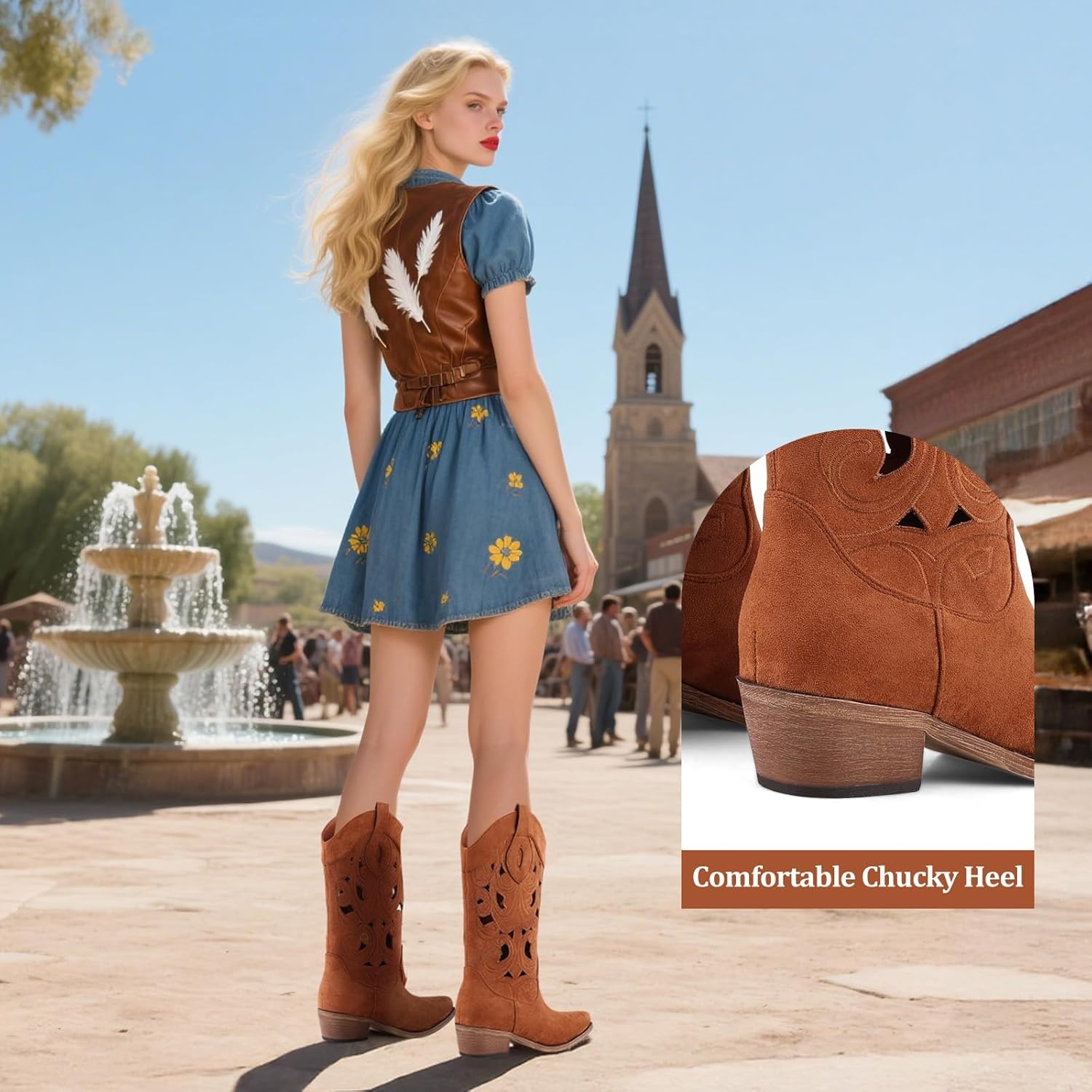 image:imageLingxiaUne Western Cowboy Boots White Cowboy Boots with Bow Mid Calf Cowgirl Boot for Women Comfortable Chunky Heel Ideal for Country Night PartyBrown Hollowout