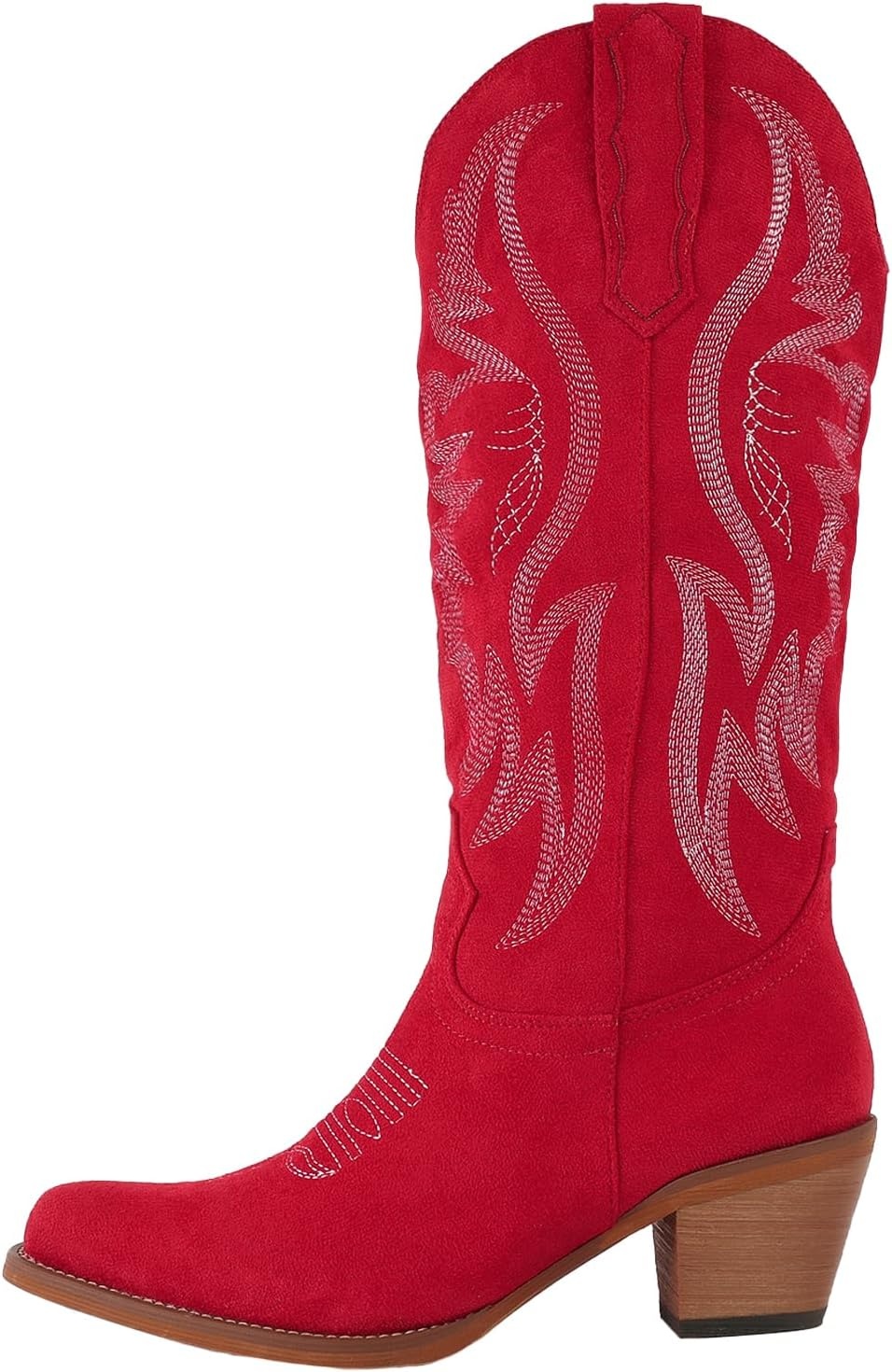 image:imageLingxiaUne Western Cowboy Boots White Cowboy Boots with Bow Mid Calf Cowgirl Boot for Women Comfortable Chunky Heel Ideal for Country Night PartyRed Suede