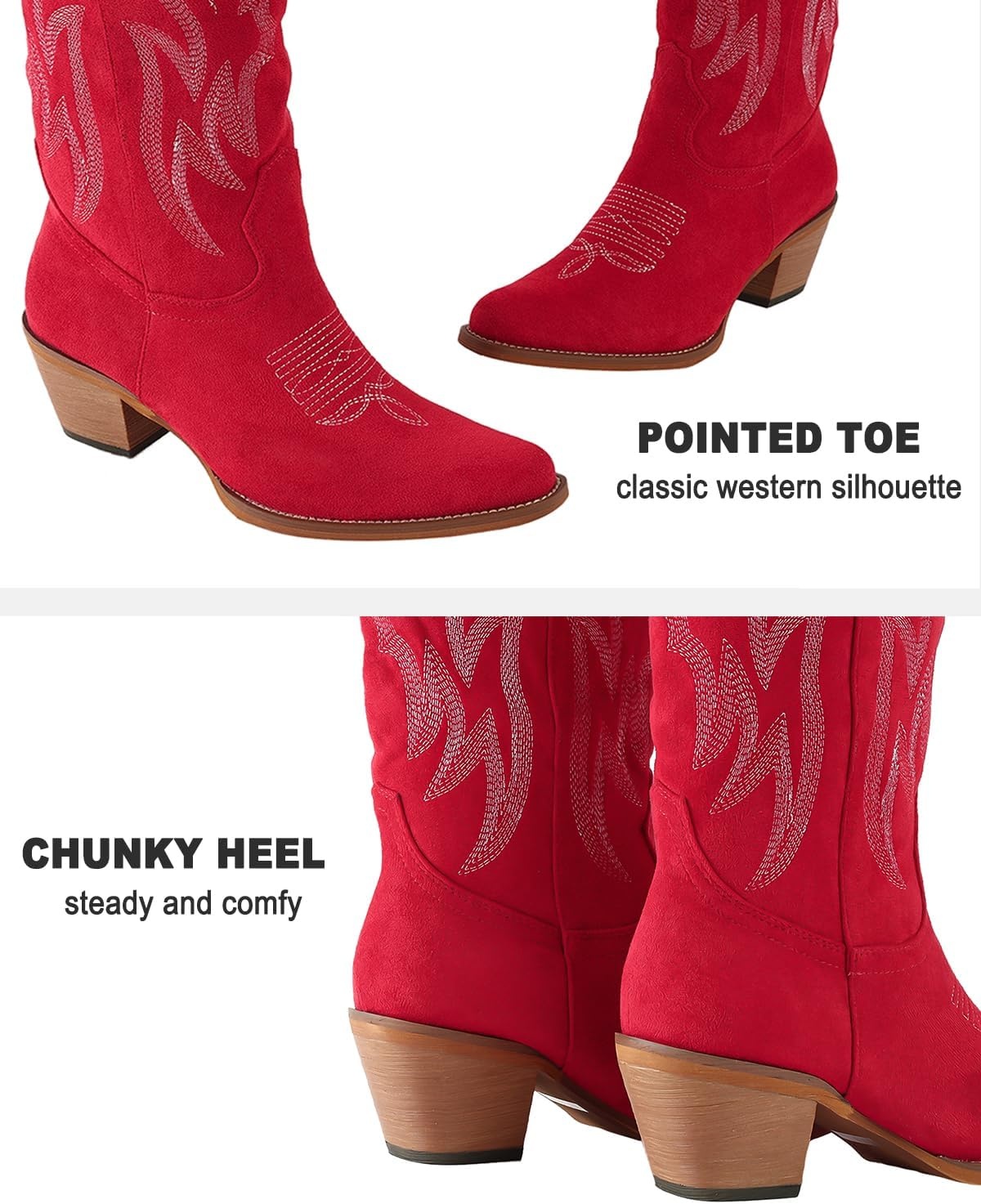 image:imageLingxiaUne Western Cowboy Boots White Cowboy Boots with Bow Mid Calf Cowgirl Boot for Women Comfortable Chunky Heel Ideal for Country Night PartyRed Suede