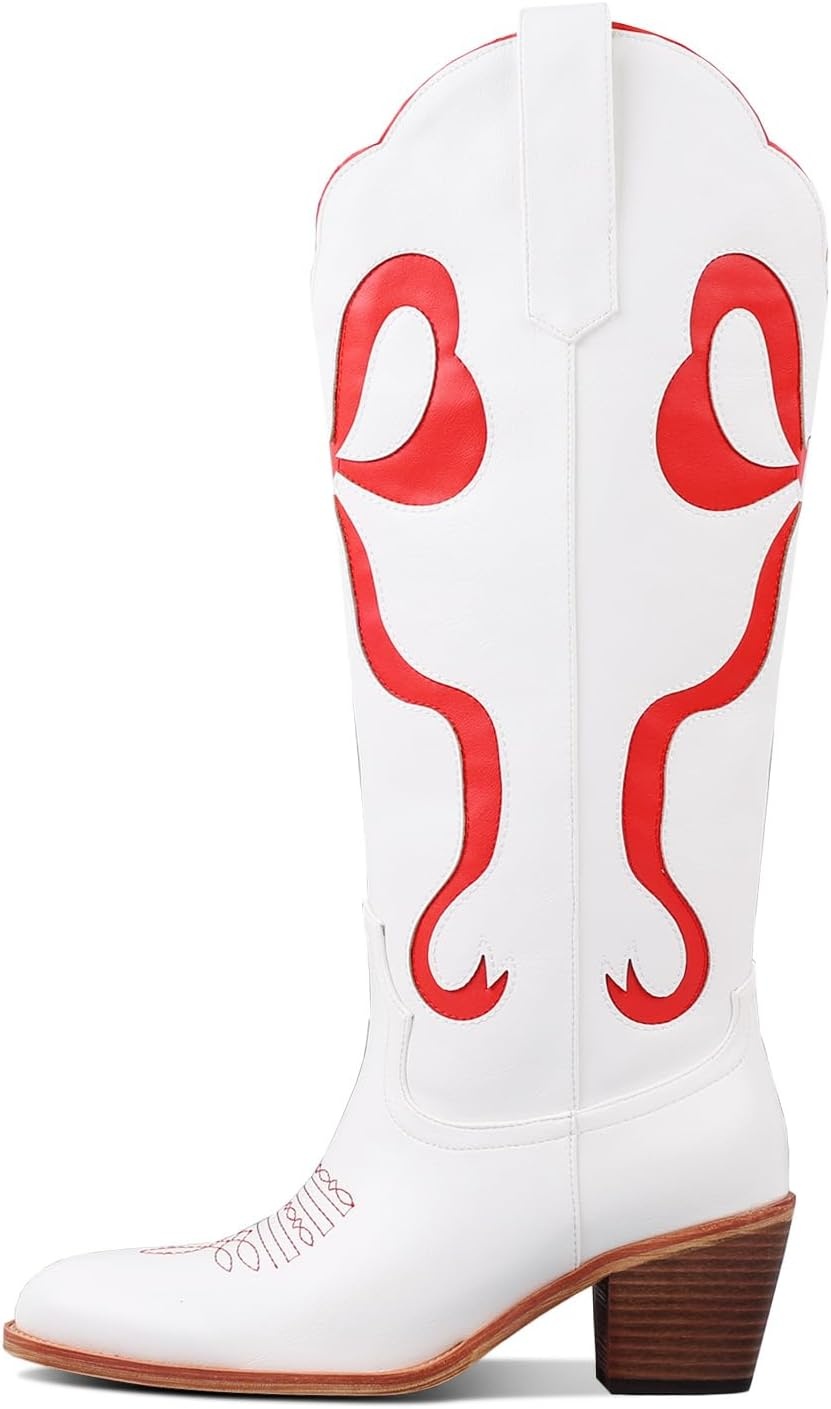 image:imageLingxiaUne Western Cowboy Boots White Cowboy Boots with Bow Mid Calf Cowgirl Boot for Women Comfortable Chunky Heel Ideal for Country Night PartyRed