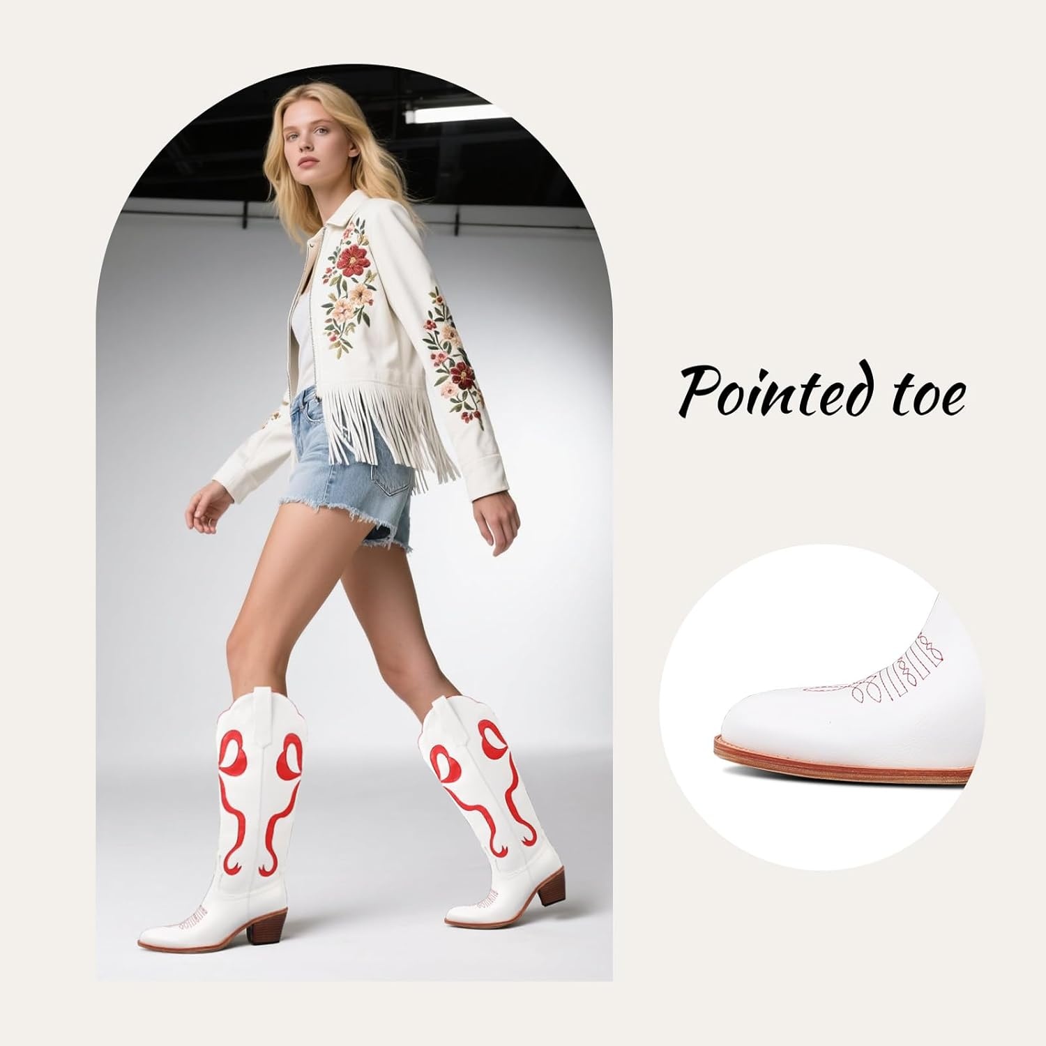 image:imageLingxiaUne Western Cowboy Boots White Cowboy Boots with Bow Mid Calf Cowgirl Boot for Women Comfortable Chunky Heel Ideal for Country Night PartyRed