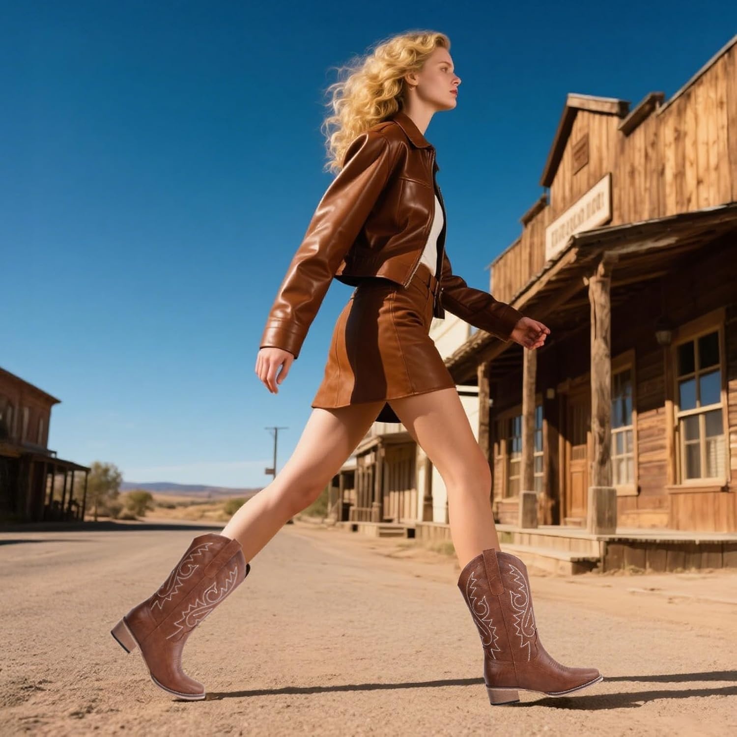image:imageLingxiaUne Western Cowboy Boots White Cowboy Boots with Bow Mid Calf Cowgirl Boot for Women Comfortable Chunky Heel Ideal for Country Night PartyTan With White Embroidery