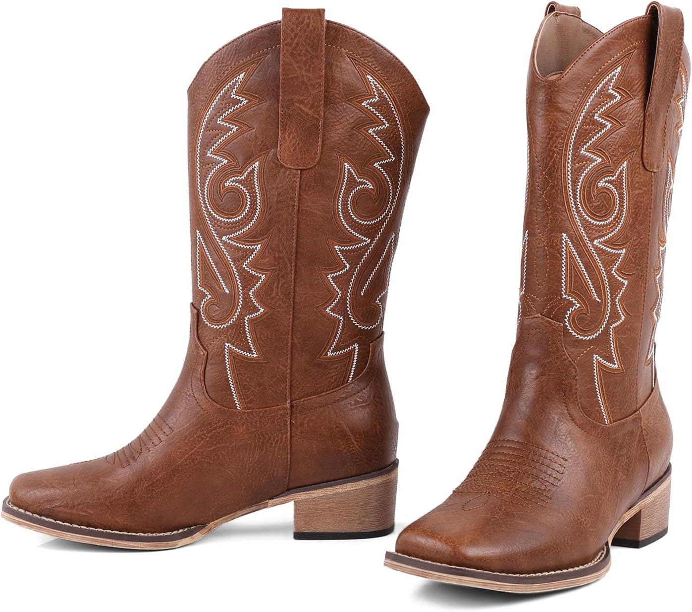 image:imageLingxiaUne Western Cowboy Boots White Cowboy Boots with Bow Mid Calf Cowgirl Boot for Women Comfortable Chunky Heel Ideal for Country Night PartyTan With White Embroidery