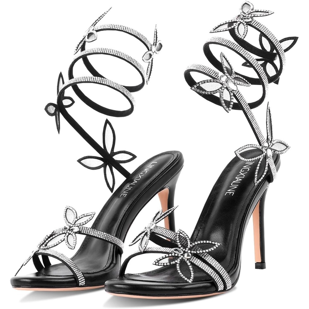 image:imageLingxiaUne Butterfly Wrap Around Stiletto Heels Diamante Rhinestone Embellished Sexy Heels for WomenBlack
