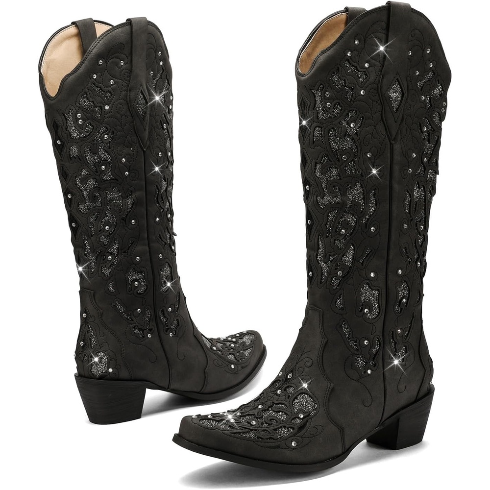 image:imageLingxiaUne Cowboy Boots for Women Mid Calf Cowgirl Boot Rhinestone Comfortable Chunky Heel Western Boot with Glitter Sparkle Boot for Dressy WomanBlack