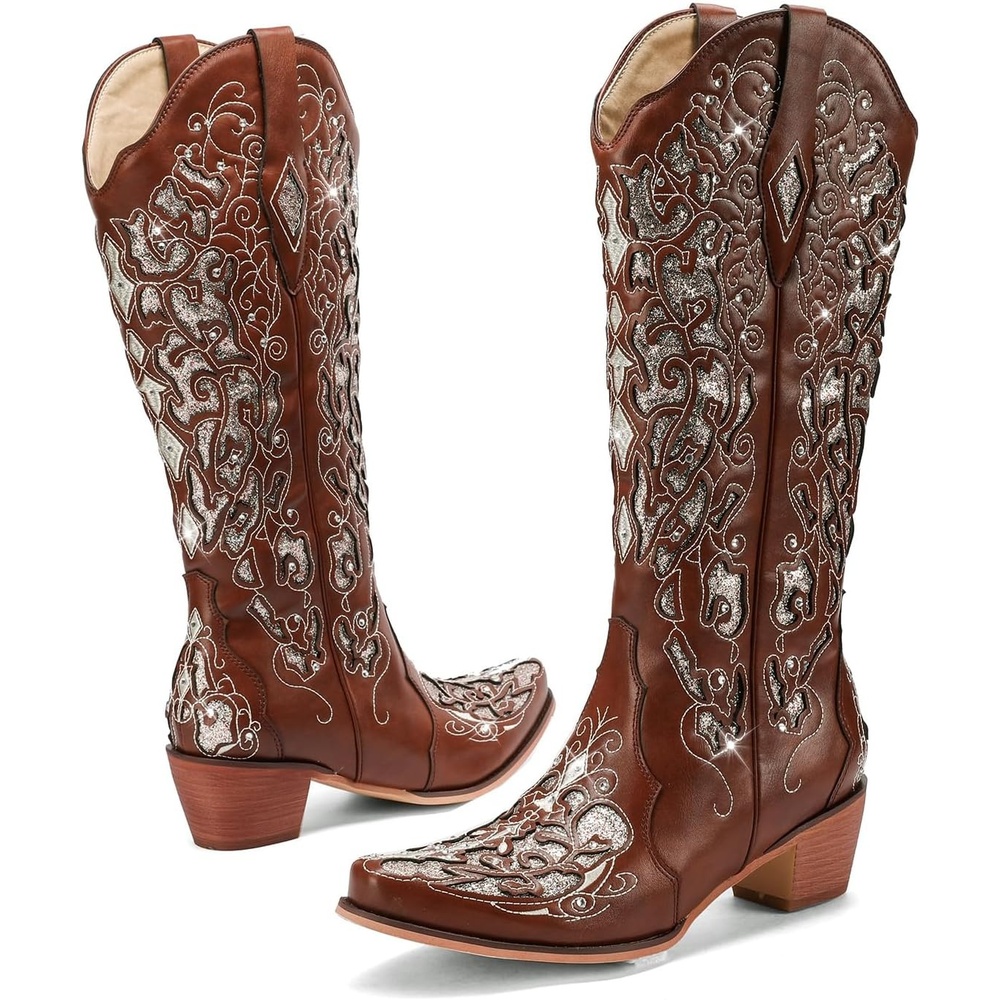 image:imageLingxiaUne Cowboy Boots for Women Mid Calf Cowgirl Boot Rhinestone Comfortable Chunky Heel Western Boot with Glitter Sparkle Boot for Dressy WomanBrown