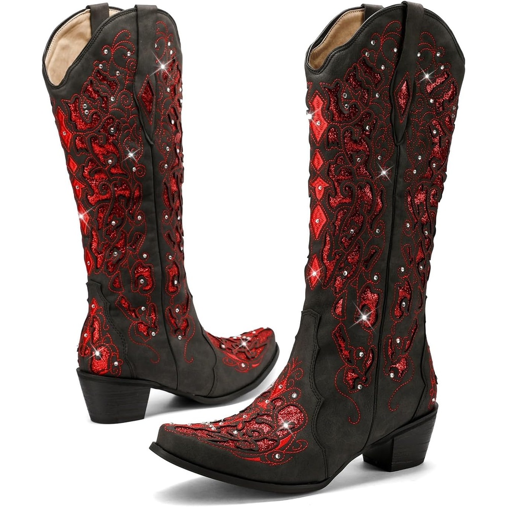 image:imageLingxiaUne Cowboy Boots for Women Mid Calf Cowgirl Boot Rhinestone Comfortable Chunky Heel Western Boot with Glitter Sparkle Boot for Dressy WomanRed