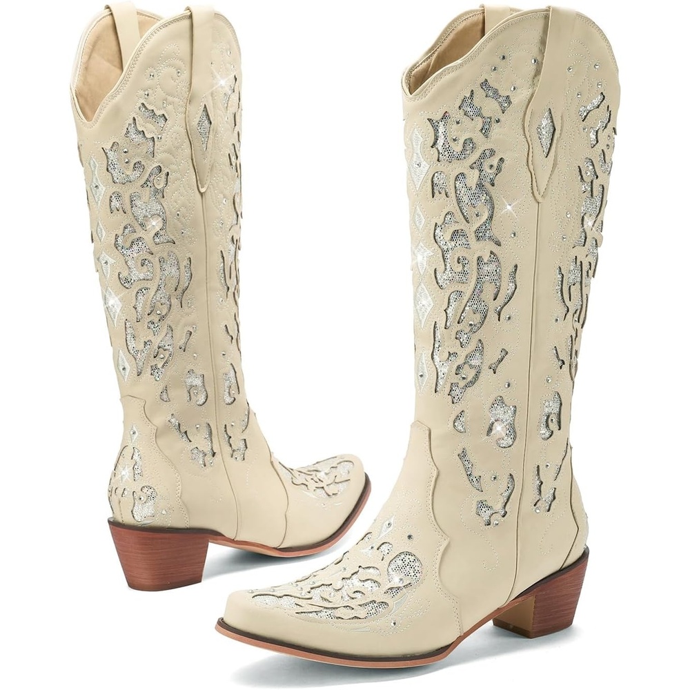 image:imageLingxiaUne Cowboy Boots for Women Mid Calf Cowgirl Boot Rhinestone Comfortable Chunky Heel Western Boot with Glitter Sparkle Boot for Dressy WomanWhite