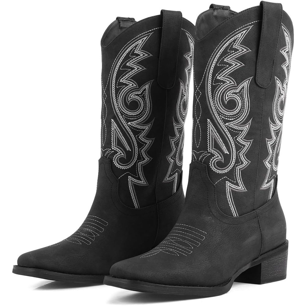 image:imageLingxiaUne Western Cowboy Boots White Cowboy Boots with Bow Mid Calf Cowgirl Boot for Women Comfortable Chunky Heel Ideal for Country Night PartyBlack With White Embroidery