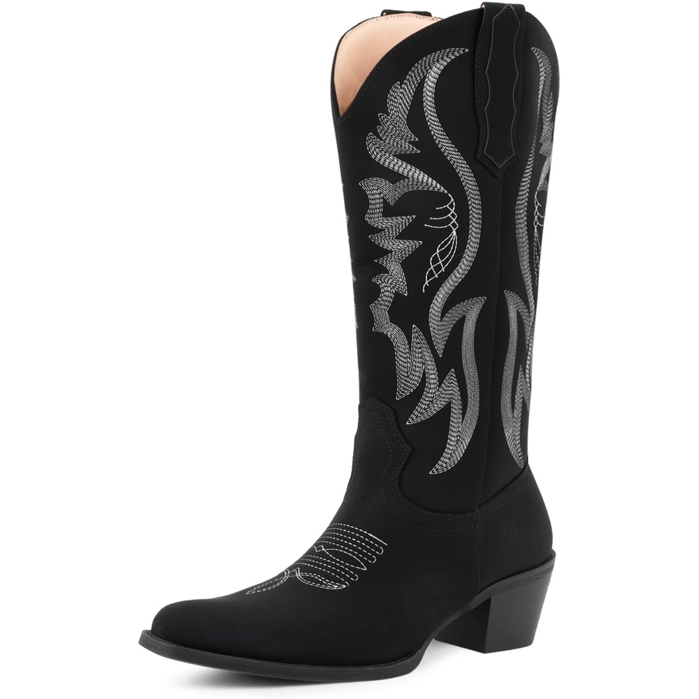 image:imageLingxiaUne Western Cowboy Boots White Cowboy Boots with Bow Mid Calf Cowgirl Boot for Women Comfortable Chunky Heel Ideal for Country Night PartyBlack Suede