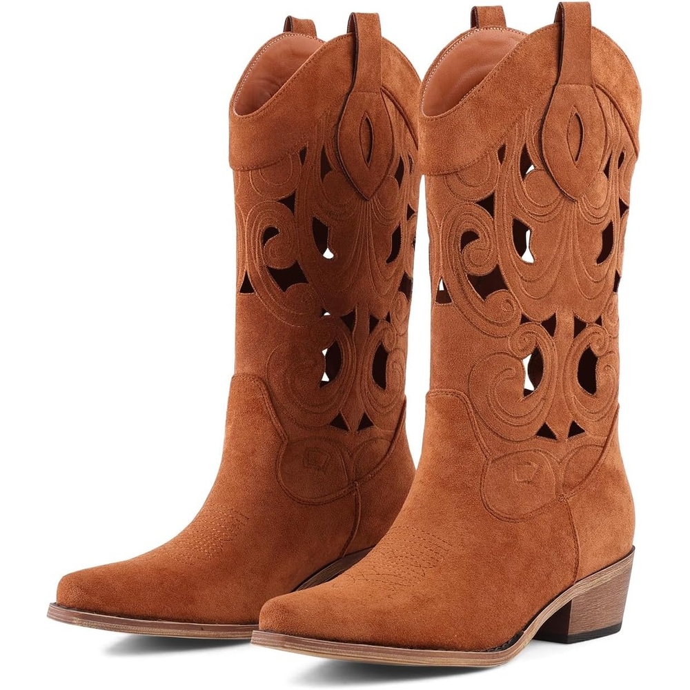 image:imageLingxiaUne Western Cowboy Boots White Cowboy Boots with Bow Mid Calf Cowgirl Boot for Women Comfortable Chunky Heel Ideal for Country Night PartyBrown Hollowout