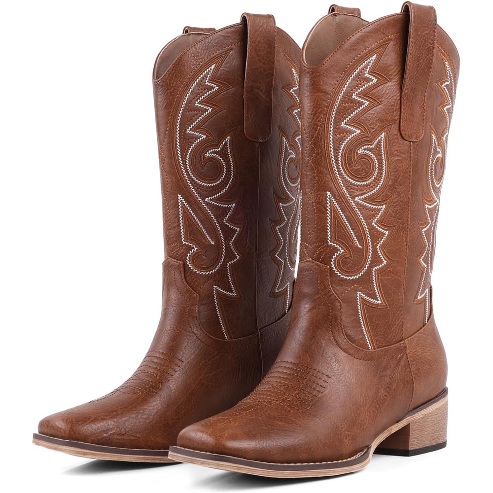image:imageLingxiaUne Western Cowboy Boots White Cowboy Boots with Bow Mid Calf Cowgirl Boot for Women Comfortable Chunky Heel Ideal for Country Night PartyTan With White Embroidery