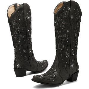 image:imageLingxiaUne Cowboy Boots for Women Mid Calf Cowgirl Boot Rhinestone Comfortable Chunky Heel Western Boot with Glitter Sparkle Boot for Dressy WomanBlack