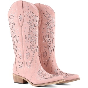 image:imageLingxiaUne Cowboy Boots for Women Mid Calf Cowgirl Boot Rhinestone Comfortable Chunky Heel Western Boot with Glitter Sparkle Boot for Dressy WomanPink
