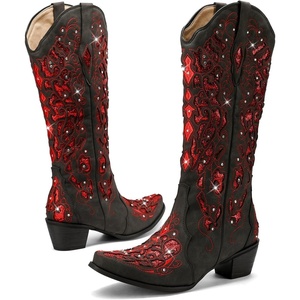 image:imageLingxiaUne Cowboy Boots for Women Mid Calf Cowgirl Boot Rhinestone Comfortable Chunky Heel Western Boot with Glitter Sparkle Boot for Dressy WomanRed