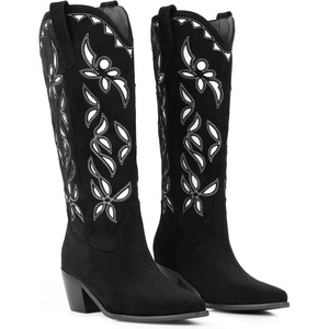 image:imageLingxiaUne Western Cowboy Boots  White Cowboy Boots with Bow Mid Calf Cowgirl Boot for Women Comfortable Chunky Heel Ideal for Country Night PartyBlack Floral