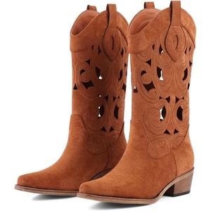 image:imageLingxiaUne Western Cowboy Boots  White Cowboy Boots with Bow Mid Calf Cowgirl Boot for Women Comfortable Chunky Heel Ideal for Country Night PartyBrown Hollowout