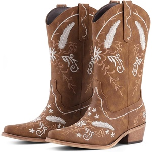 image:imageLingxiaUne Western Cowboy Boots  White Cowboy Boots with Bow Mid Calf Cowgirl Boot for Women Comfortable Chunky Heel Ideal for Country Night PartyBrown  Floral Pattern
