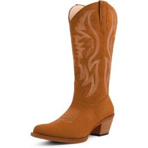 image:imageLingxiaUne Western Cowboy Boots  White Cowboy Boots with Bow Mid Calf Cowgirl Boot for Women Comfortable Chunky Heel Ideal for Country Night PartyBrown Suede