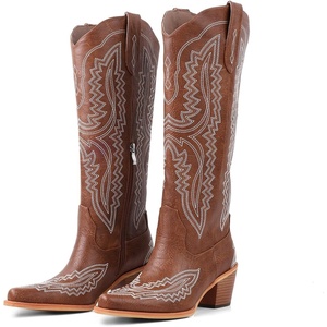 image:imageLingxiaUne Western Cowboy Boots  White Cowboy Boots with Bow Mid Calf Cowgirl Boot for Women Comfortable Chunky Heel Ideal for Country Night PartyDark Brown